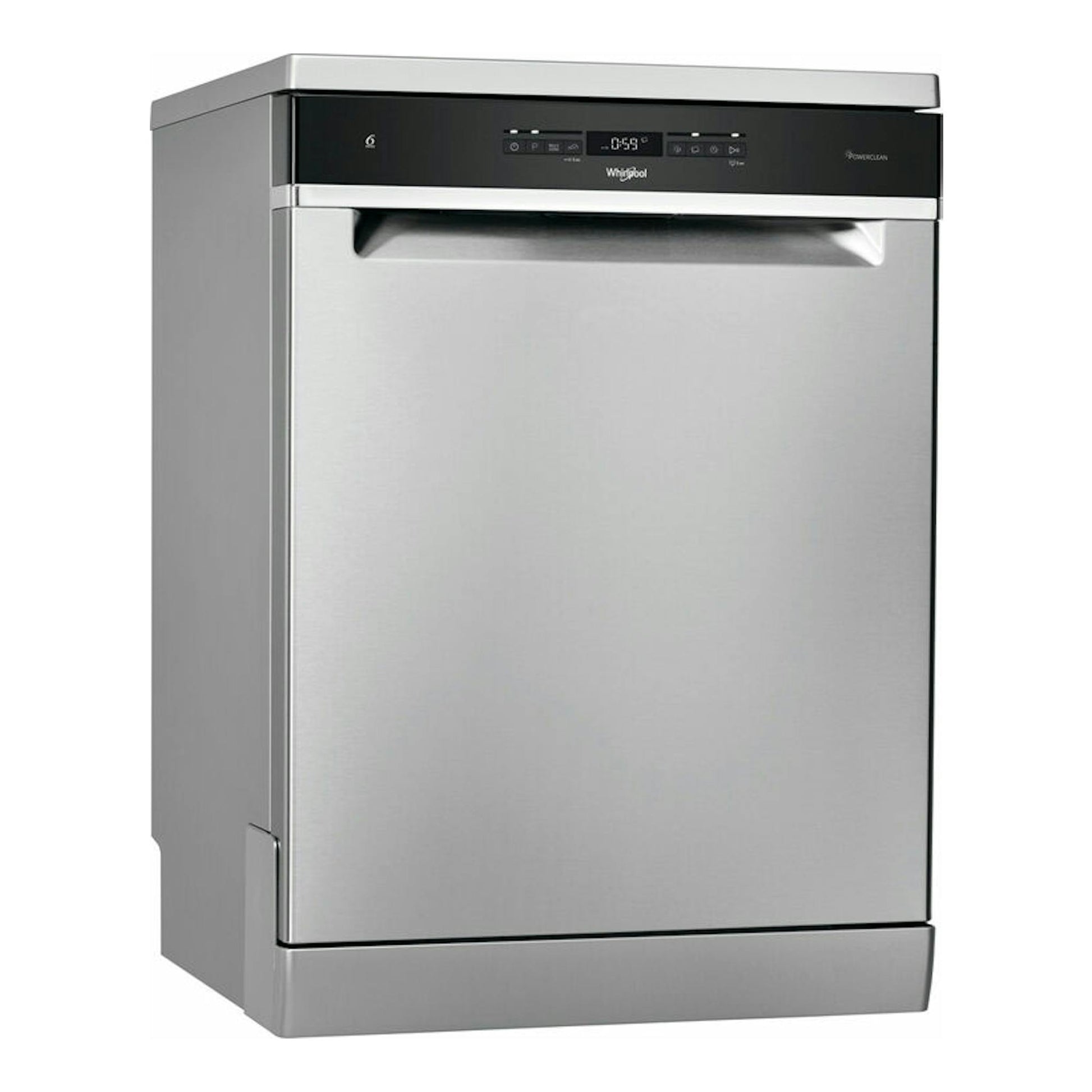 Lavavajillas Whirlpool WFO3O41PLX de acero inoxidable, vista frontal en ángulo, panel negro superior.