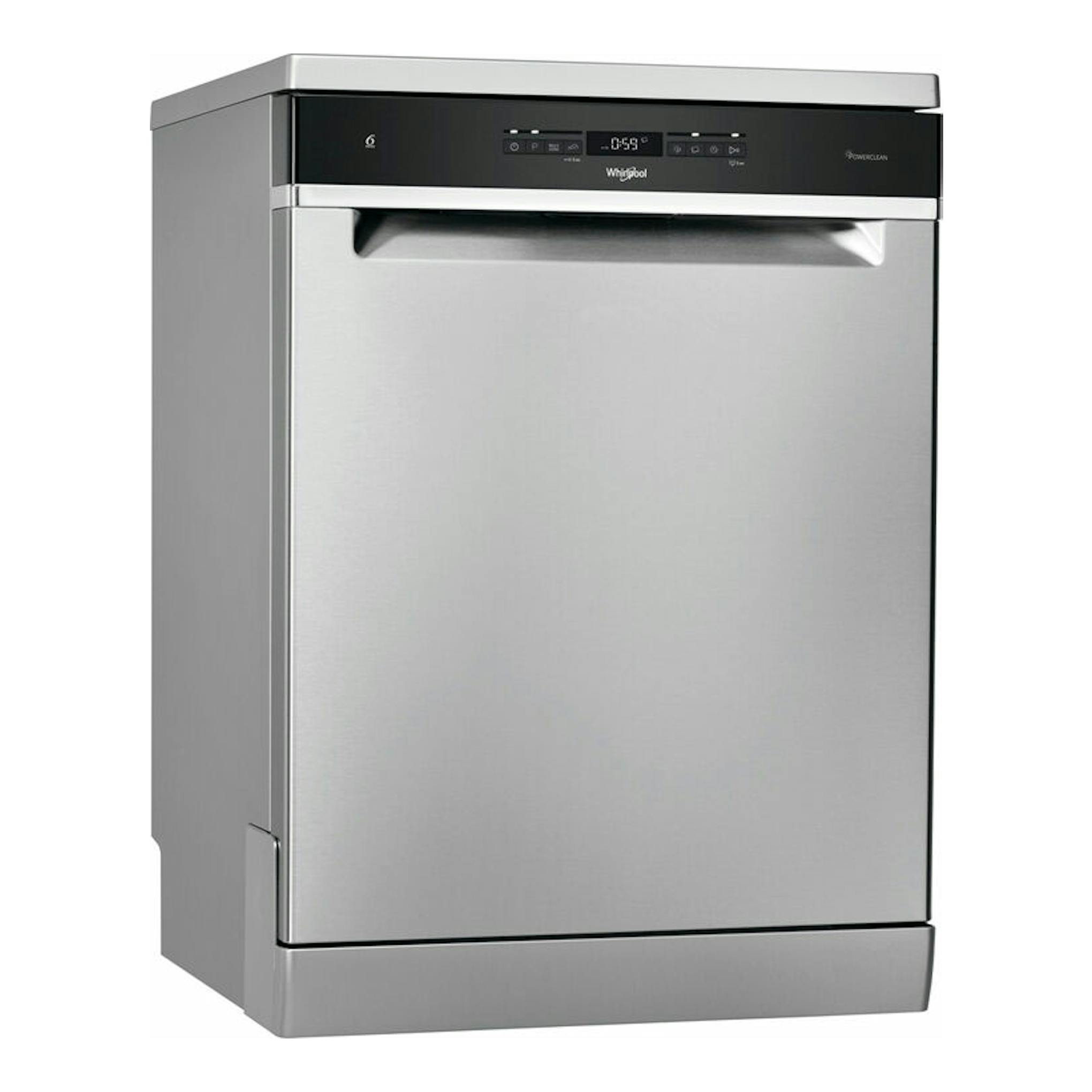 Lavavajillas Whirlpool WFO3O41PLX de acero inoxidable, vista frontal en ángulo, panel negro superior.