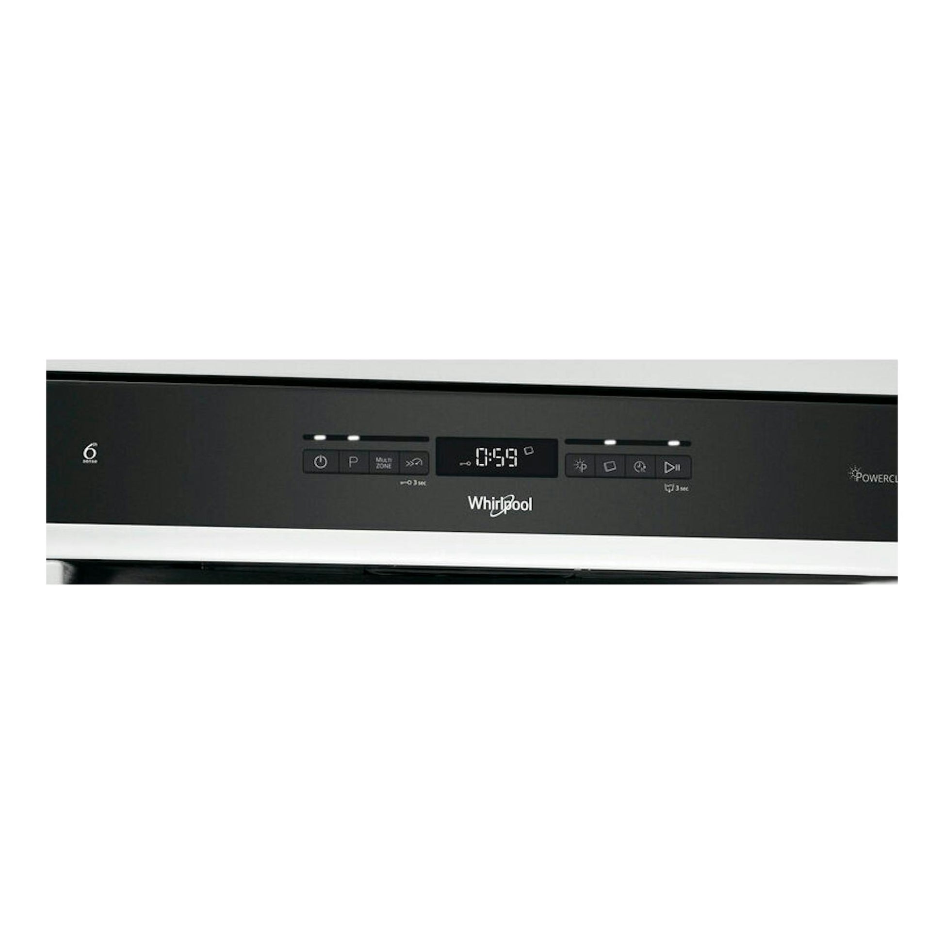 Lavavajillas Whirlpool WFO3O41PLX, vista frontal del panel de control negro con pantalla digital.