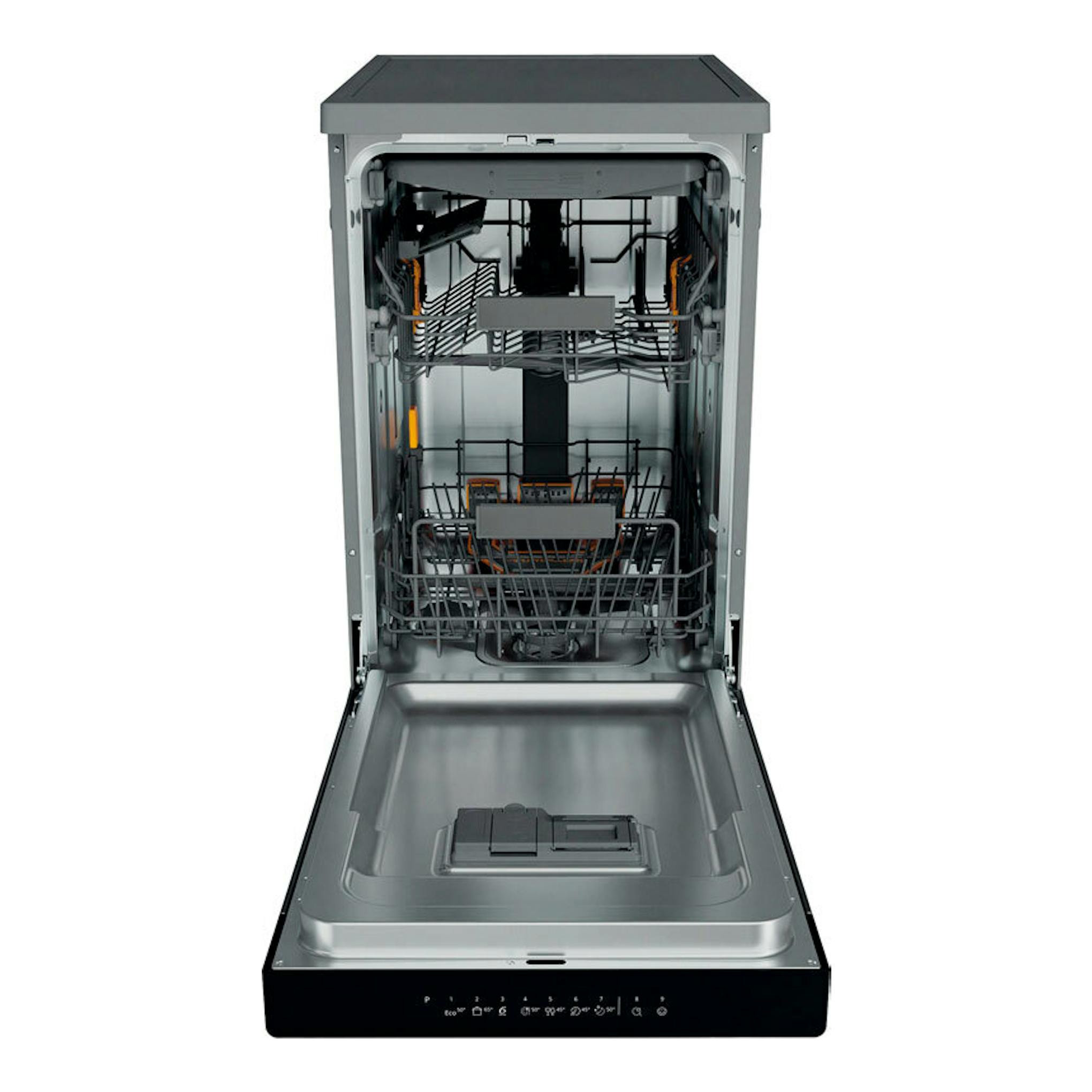 Lavavajillas Whirlpool WH6FC11BS7A0X de 45 cm, abierto de frente, interior gris con cestas visibles.