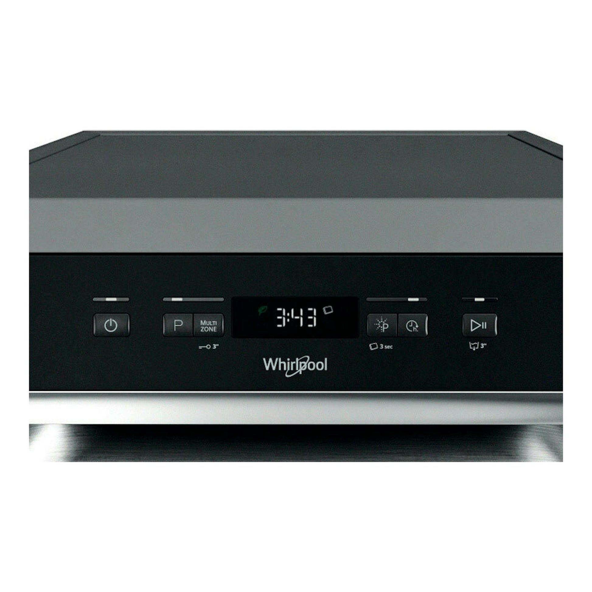 Lavavajillas Whirlpool WH6FC11BS7A0X negro, vista frontal con panel digital y botones.