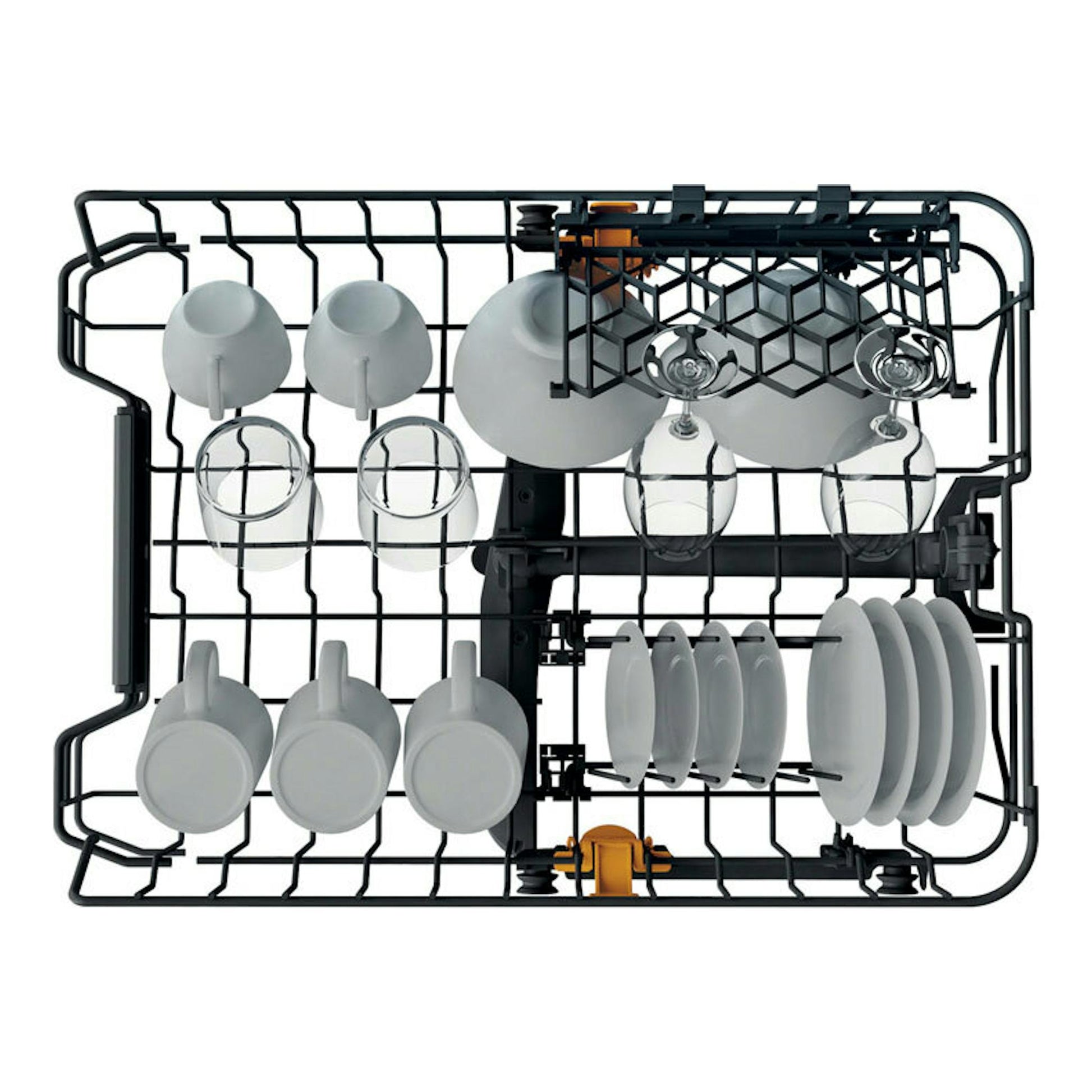 Whirlpool WH6FC11BS7A0X: cesta superior de lavavajillas en vista cenital, negra, con platos, tazas y copas.