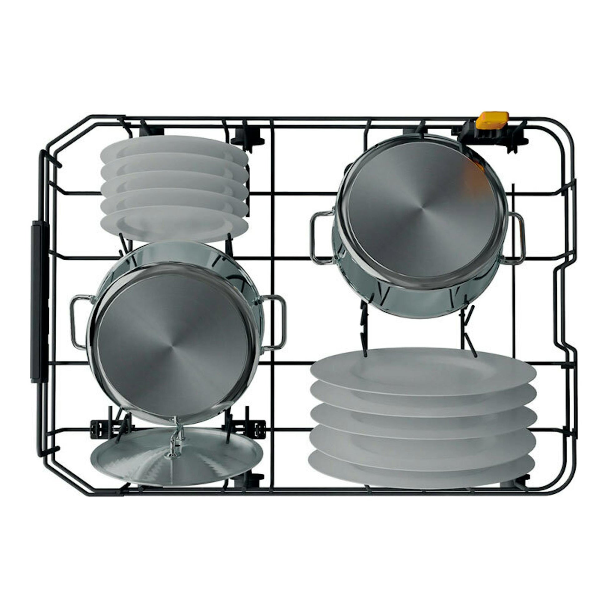 Cesta de lavavajillas Whirlpool WH6FC11BS7A0X, vista cenital, con platos y ollas en bastidor negro.
