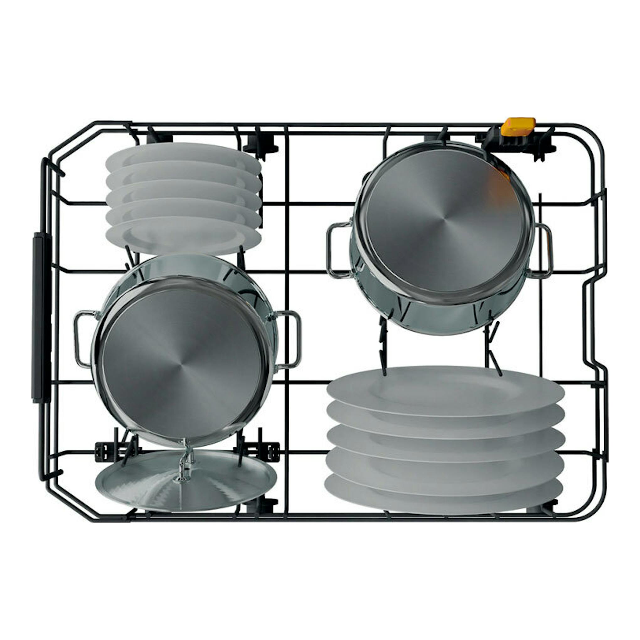 Cesta de lavavajillas Whirlpool WH6FC11BS7A0X, vista cenital, con platos y ollas en bastidor negro.