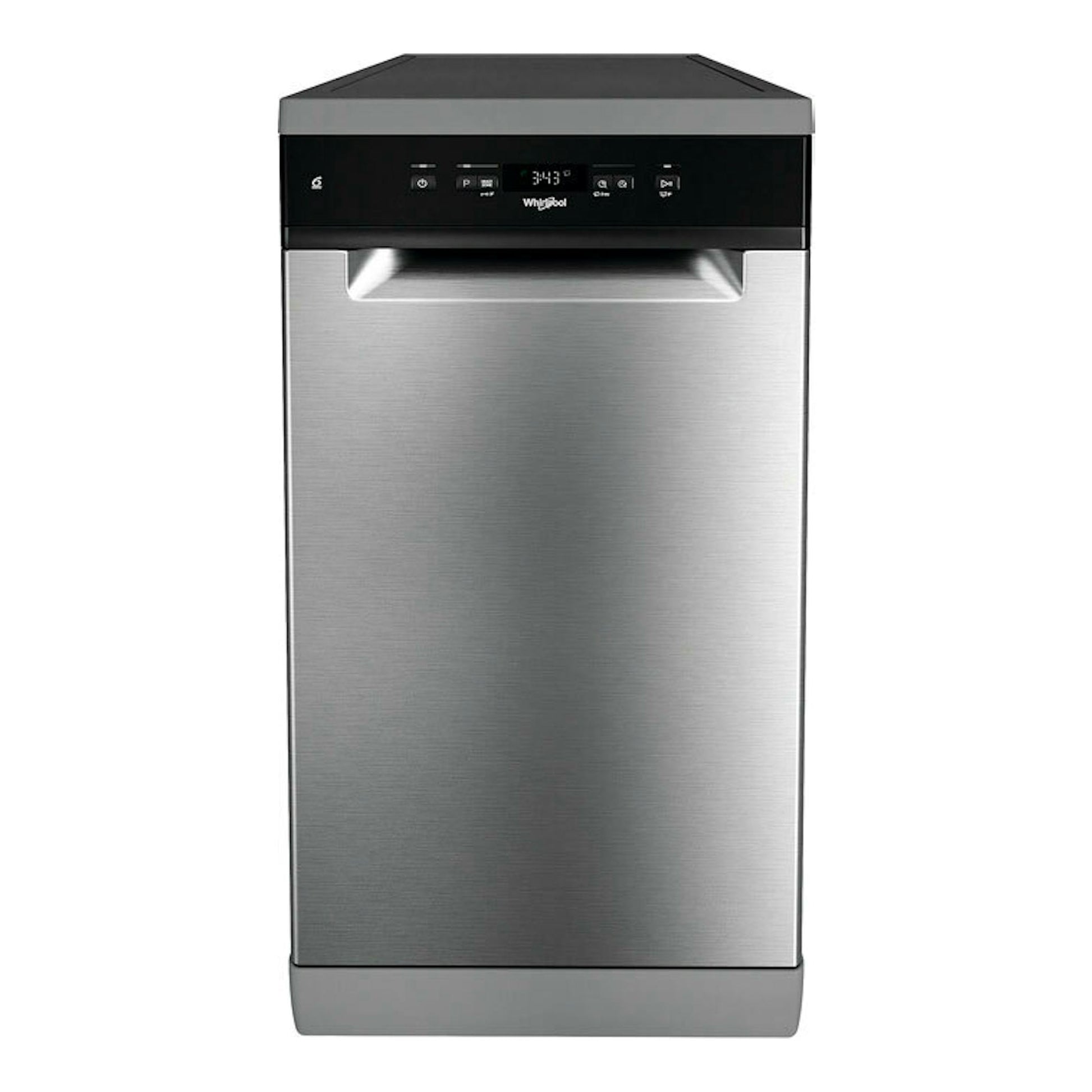 Lavavajillas Whirlpool WSFC 3M27 X en acero inoxidable, vista frontal.