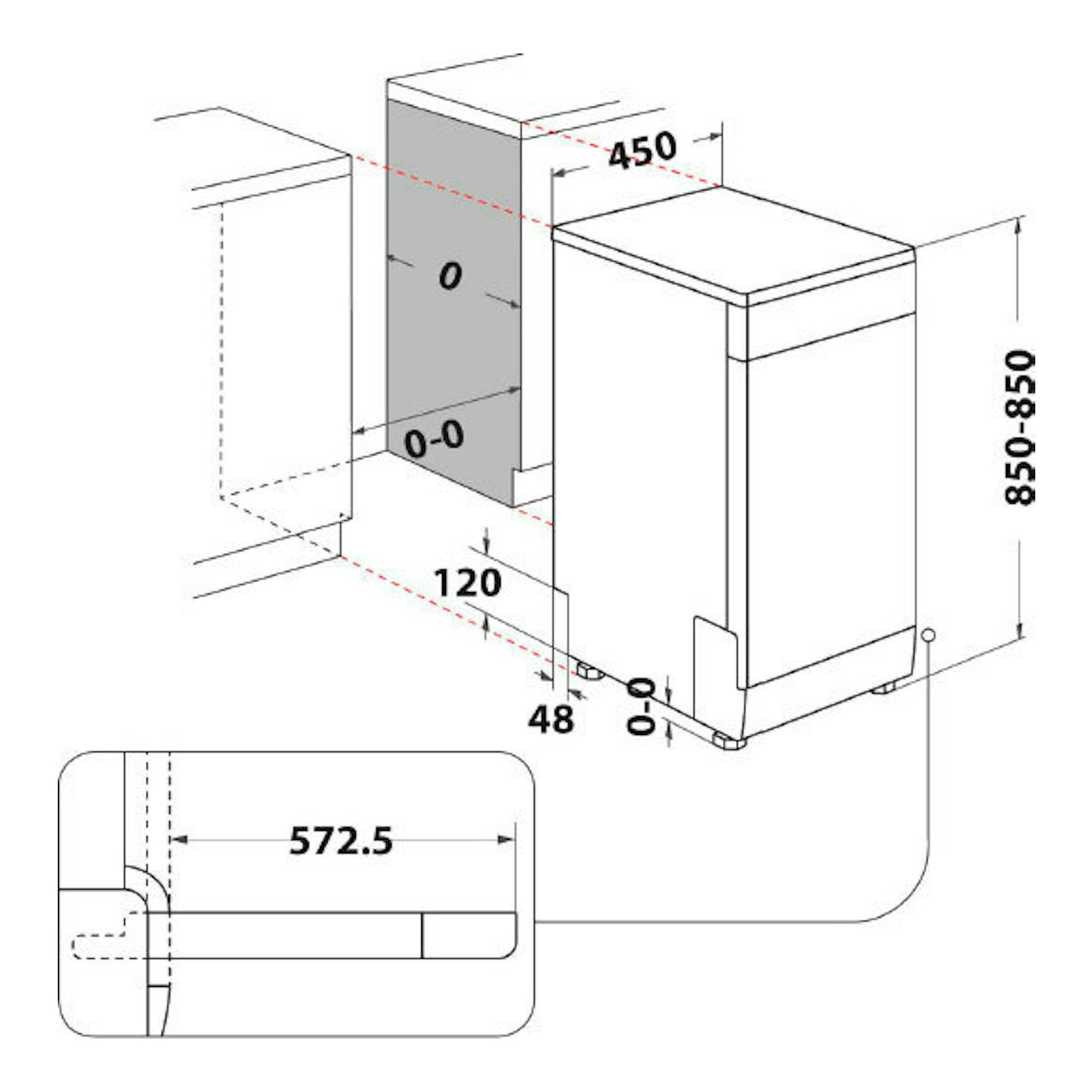Esquema técnico del lavavajillas Whirlpool WSFC 3M27 X de 45 cm, vista en perspectiva con medidas.