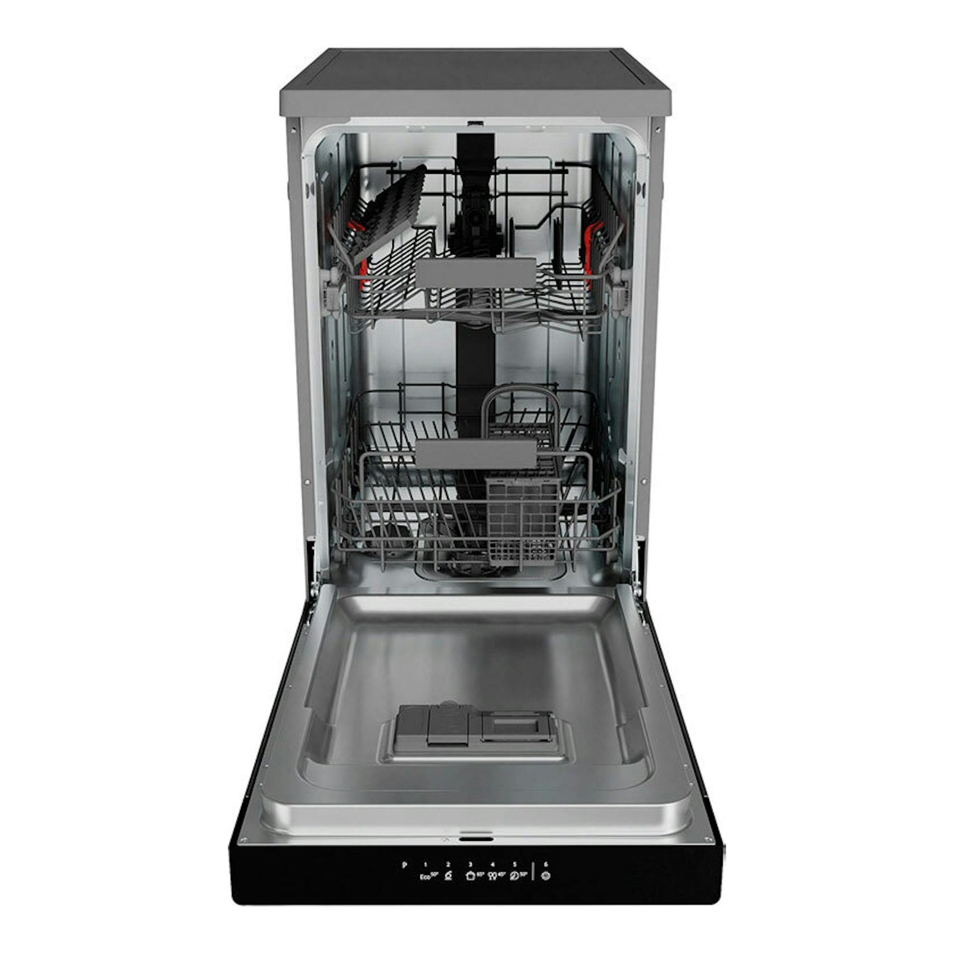 Lavavajillas Whirlpool WSFC 3M27 X de acero inoxidable, puerta abierta, vista frontal.