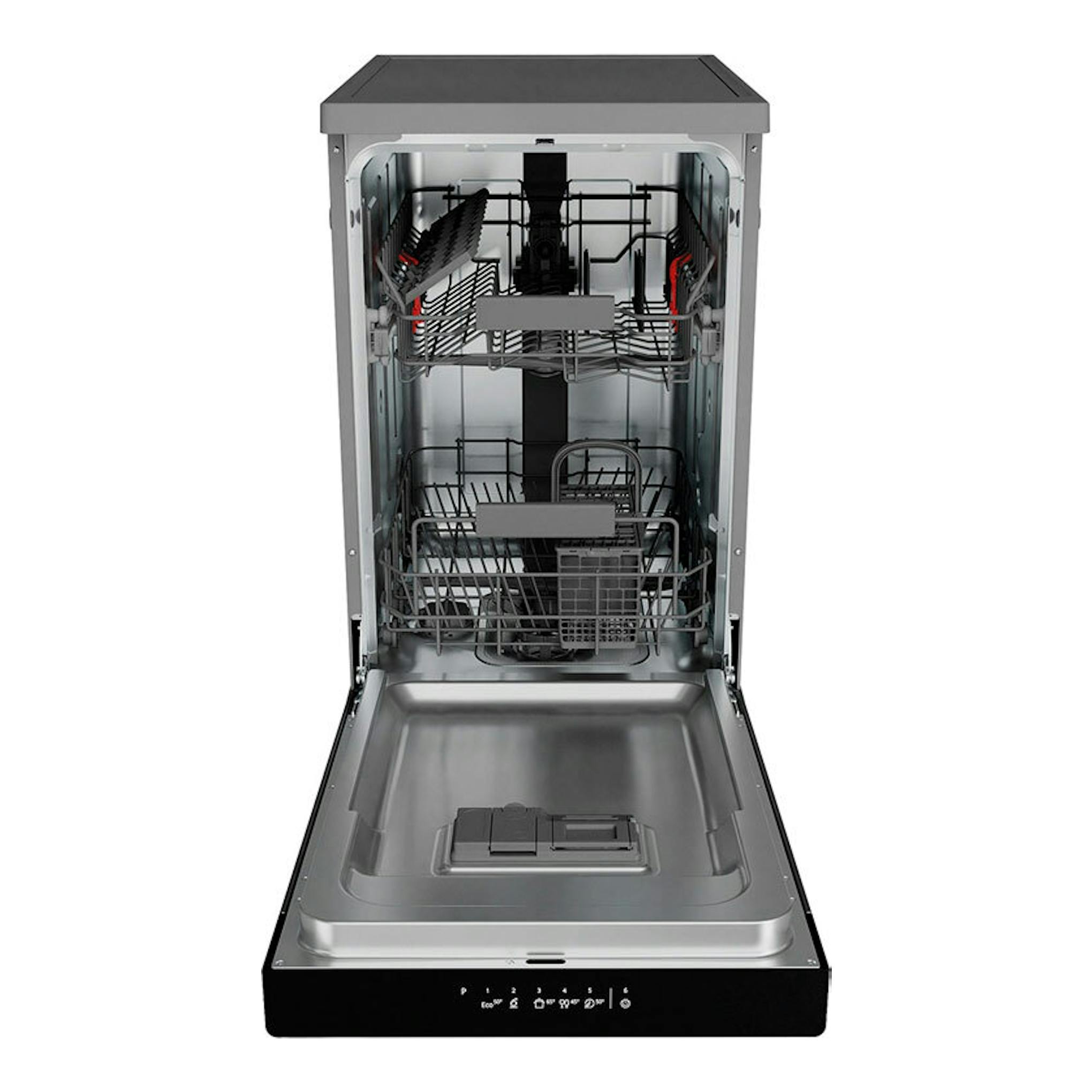 Lavavajillas Whirlpool WSFC 3M27 X de acero inoxidable, puerta abierta, vista frontal.