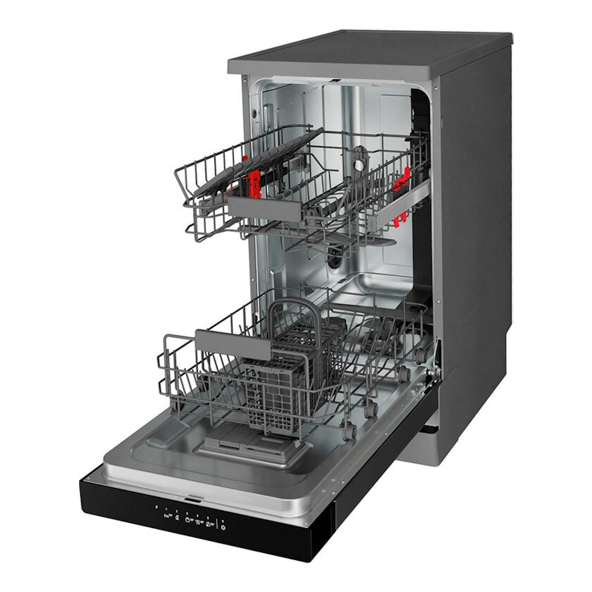 Lavavajillas Whirlpool WSFC 3M27 X en negro, vista frontal en tres cuartos, con puerta abierta y cestas.