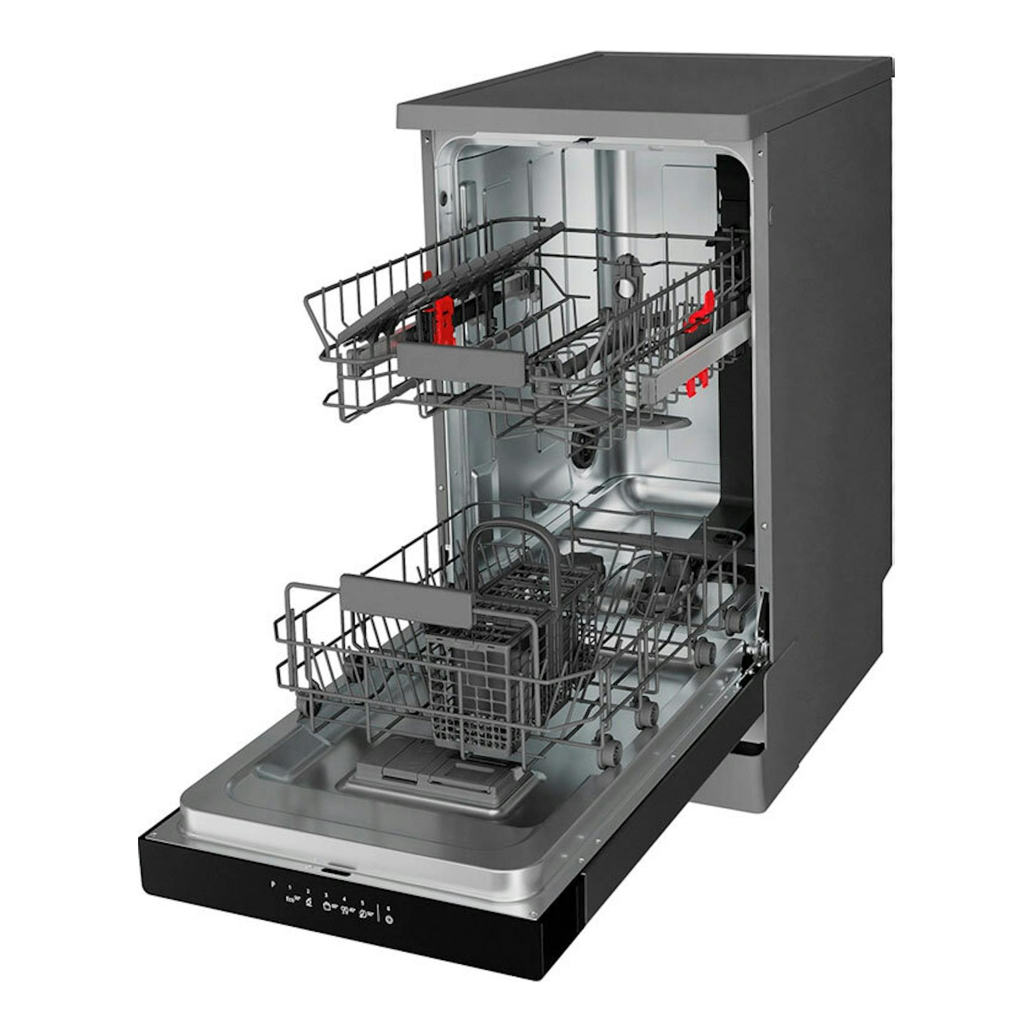 Lavavajillas Whirlpool WSFC 3M27 X en negro, vista frontal en tres cuartos, con puerta abierta y cestas.