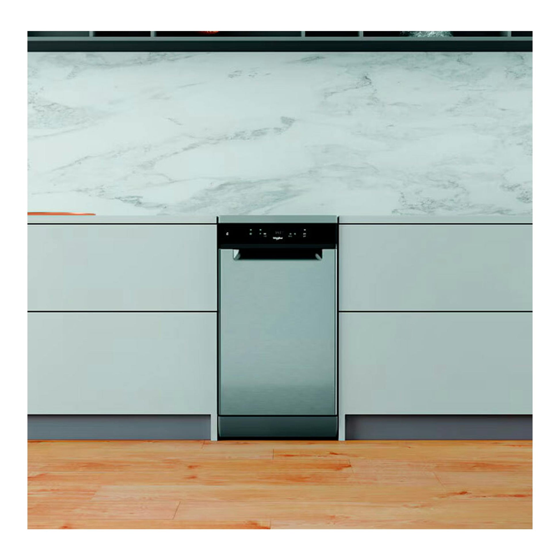 Lavavajillas Whirlpool WSFC 3M27 X integrado, vista frontal, frente de acero inoxidable y panel negro.