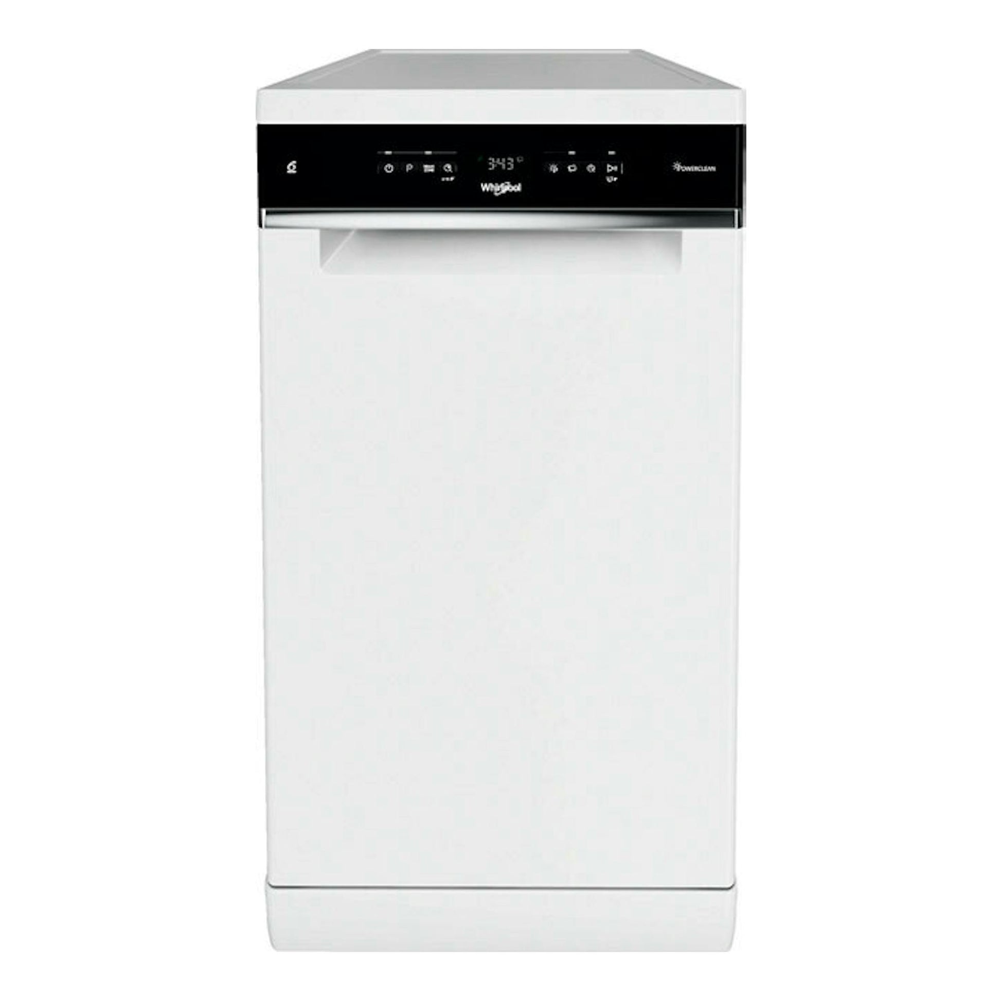 Lavavajillas Whirlpool WSFO 3B23 P blanco, vista frontal, con panel de control negro superior.
