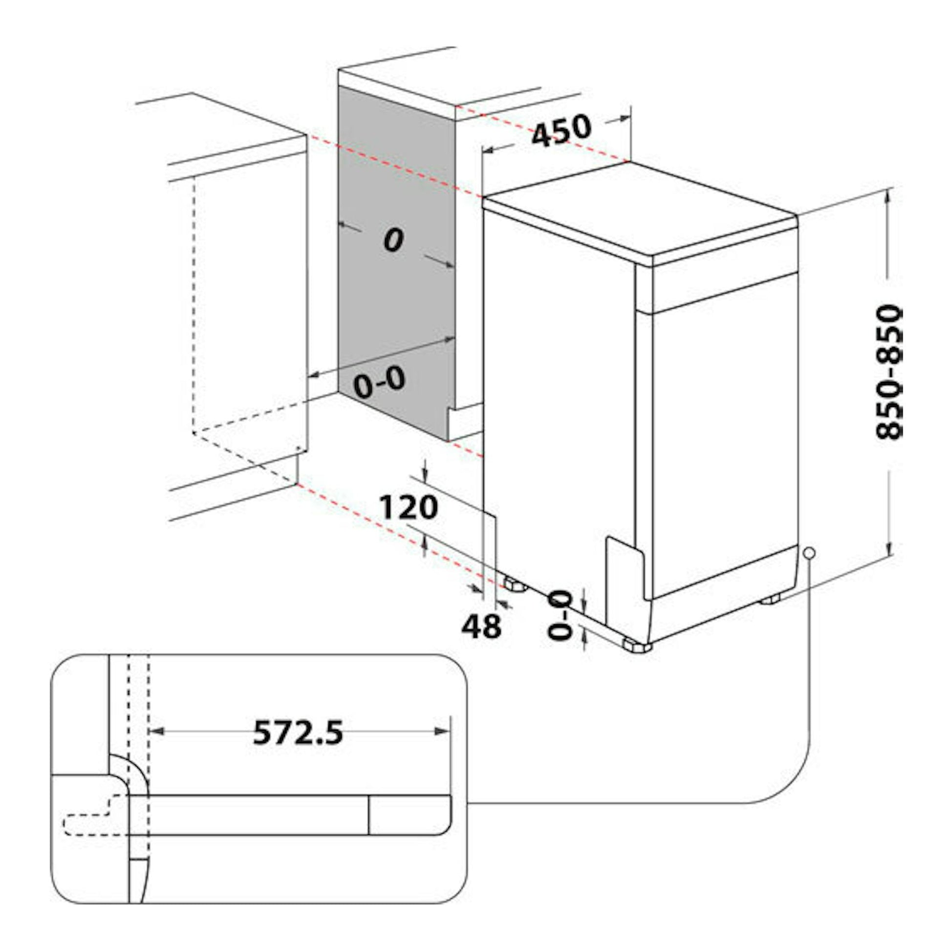 Esquema de instalación del lavavajillas Whirlpool WSFO 3B23 P, vista isométrica, 45 cm de ancho y 850 mm de alto.