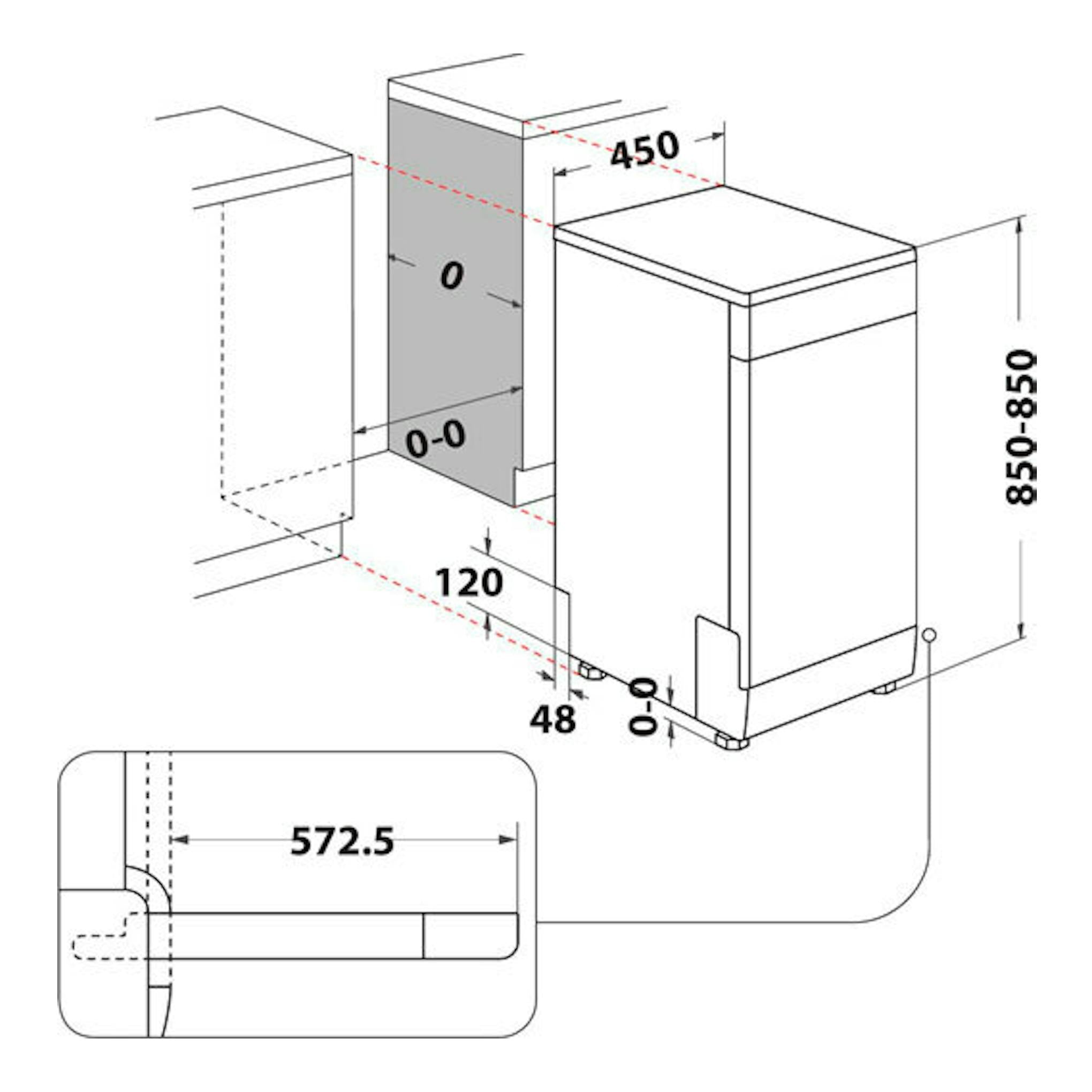 Esquema de instalación del lavavajillas Whirlpool WSFO 3B23 P, vista isométrica, 45 cm de ancho y 850 mm de alto.