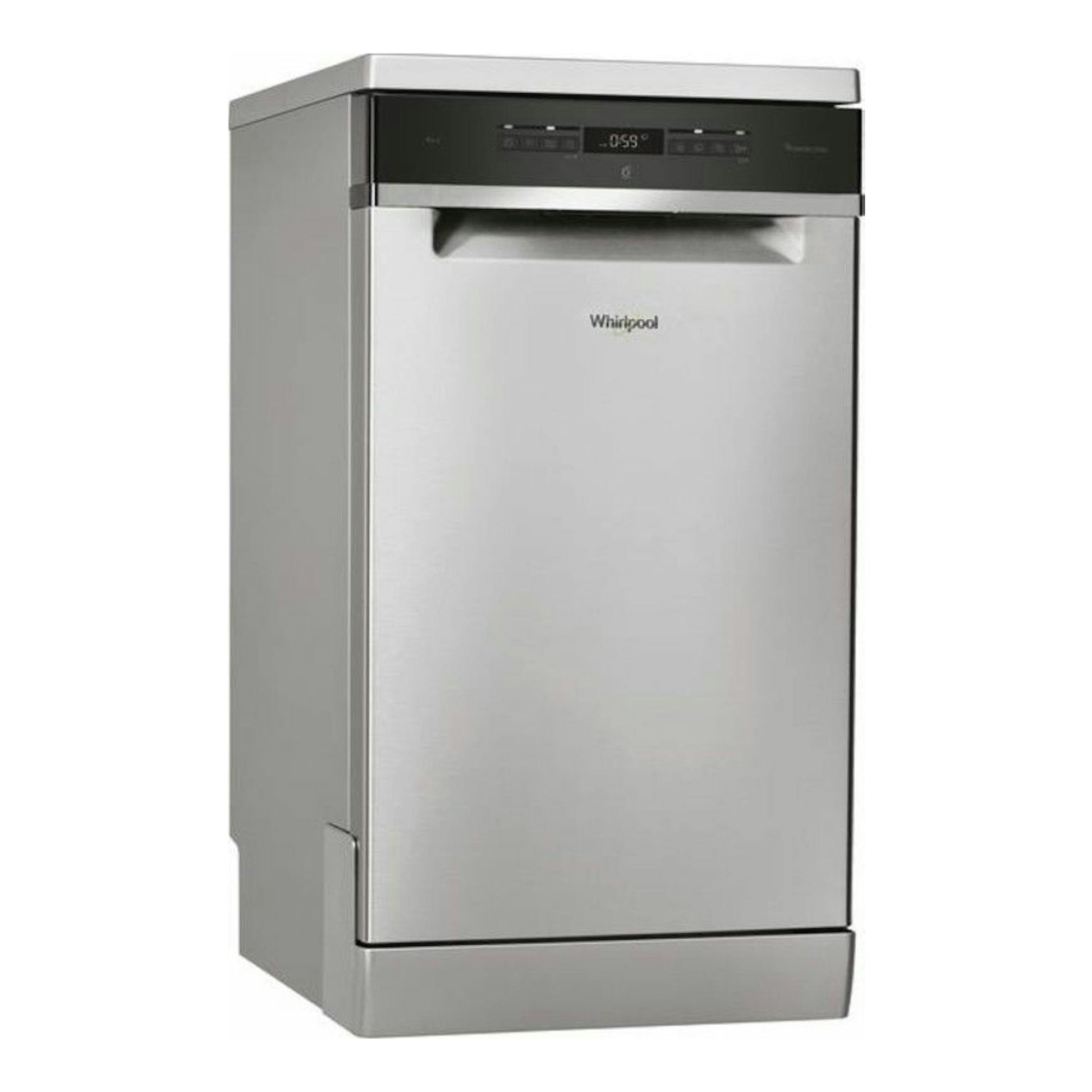 Lavavajillas Whirlpool WSFO3023PFX de acero inoxidable, vista frontal ligeramente en ángulo izquierdo.