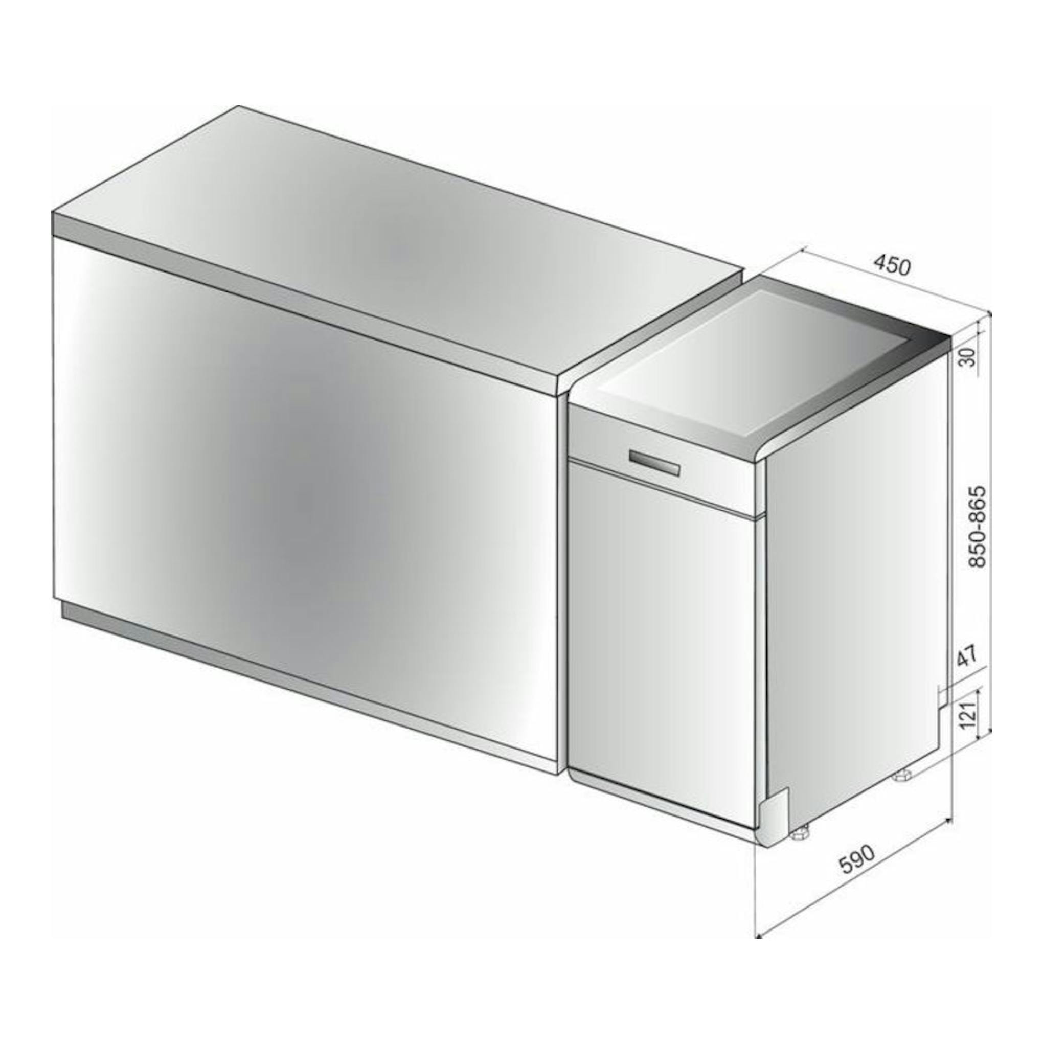 Lavavajillas Whirlpool WSFO3023PFX 45 cm, vista isométrica en inox, con medidas.