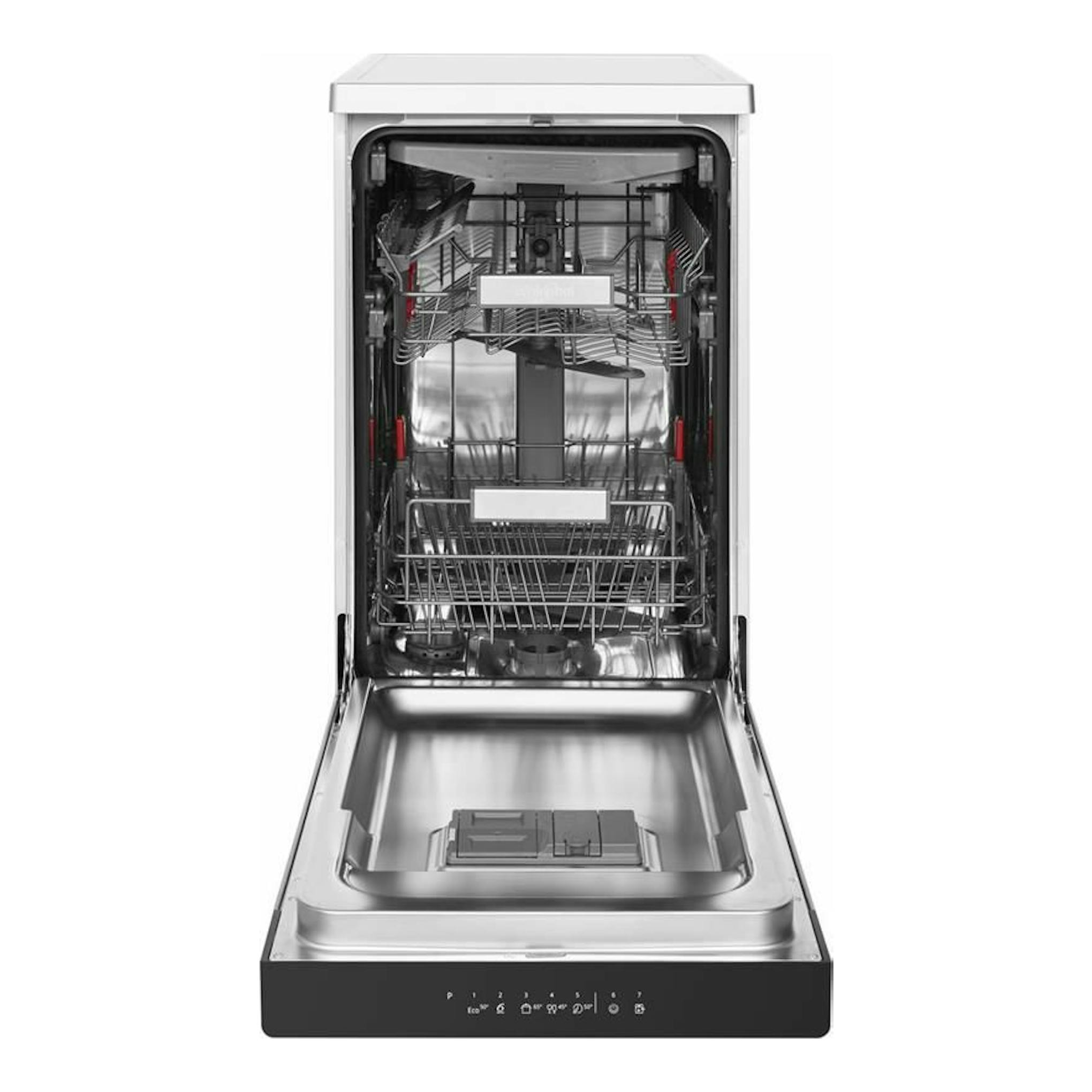 Lavavajillas Whirlpool WSFO3023PFX de 45 cm, acero inoxidable, vista frontal abierta con puerta abatida.