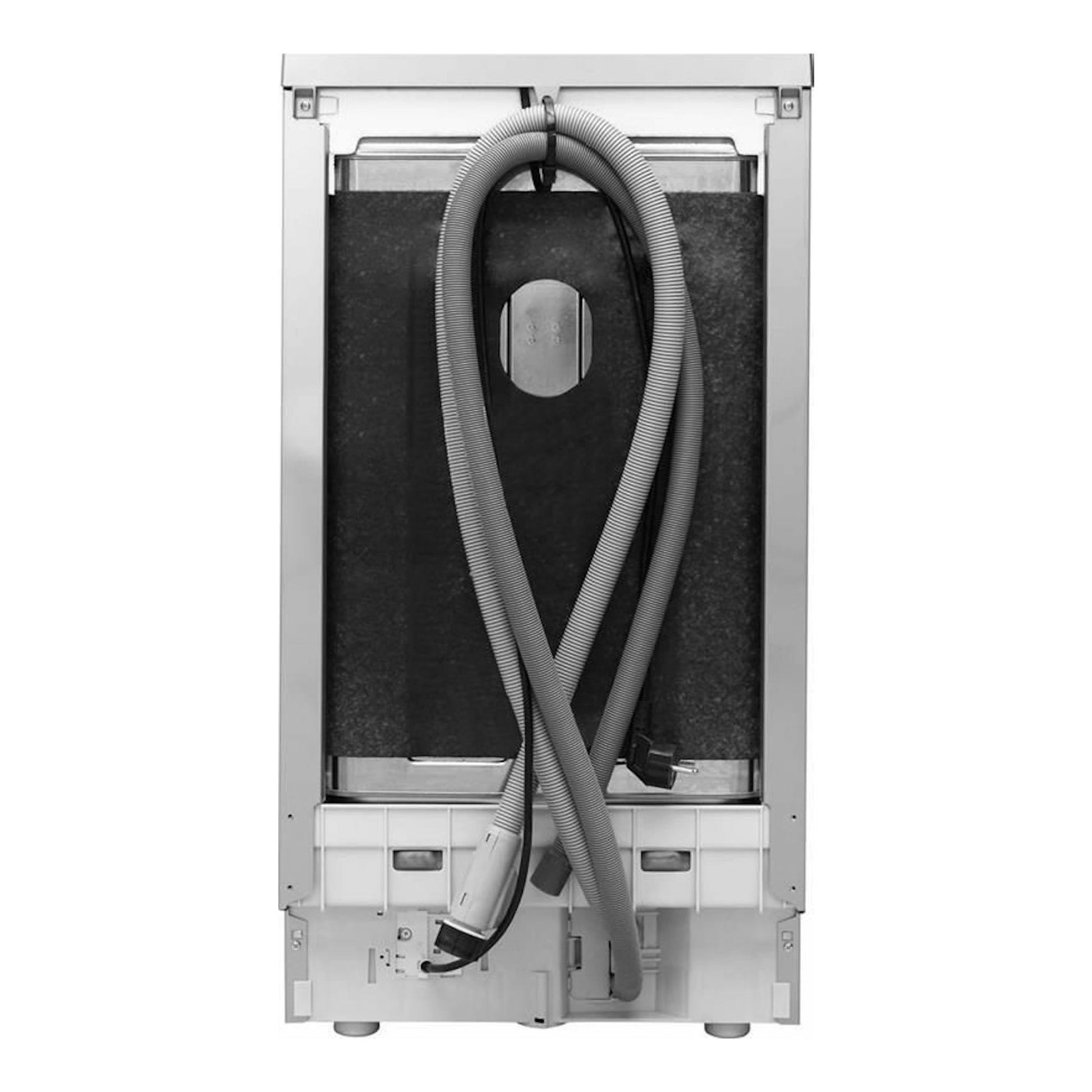 Lavavajillas Whirlpool WSFO3023PFX de 45 cm, vista trasera, en acero inoxidable, con mangueras visibles.