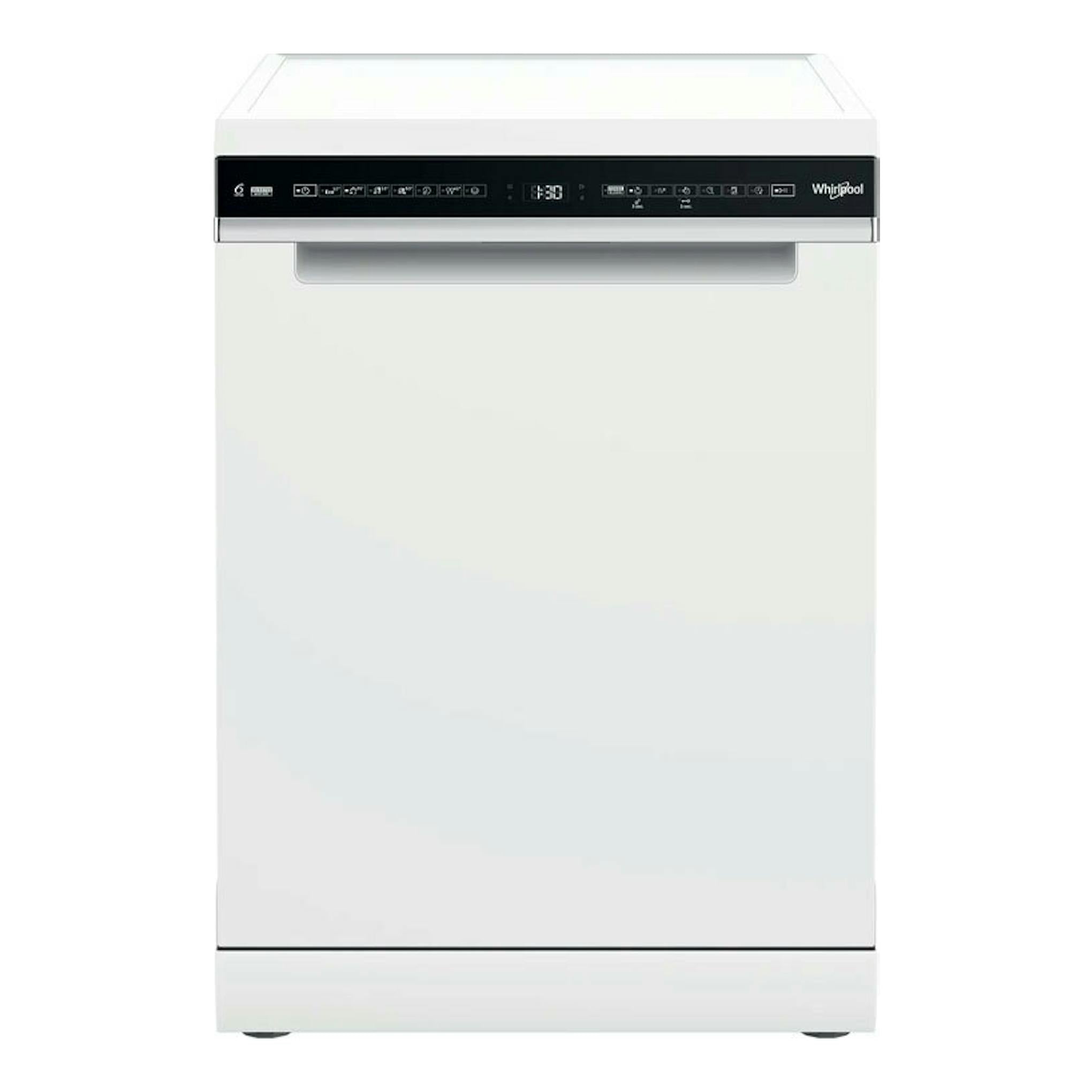 Lavavajillas Whirlpool W7F HS41 blanco, vista frontal, con panel de control negro en la parte superior.