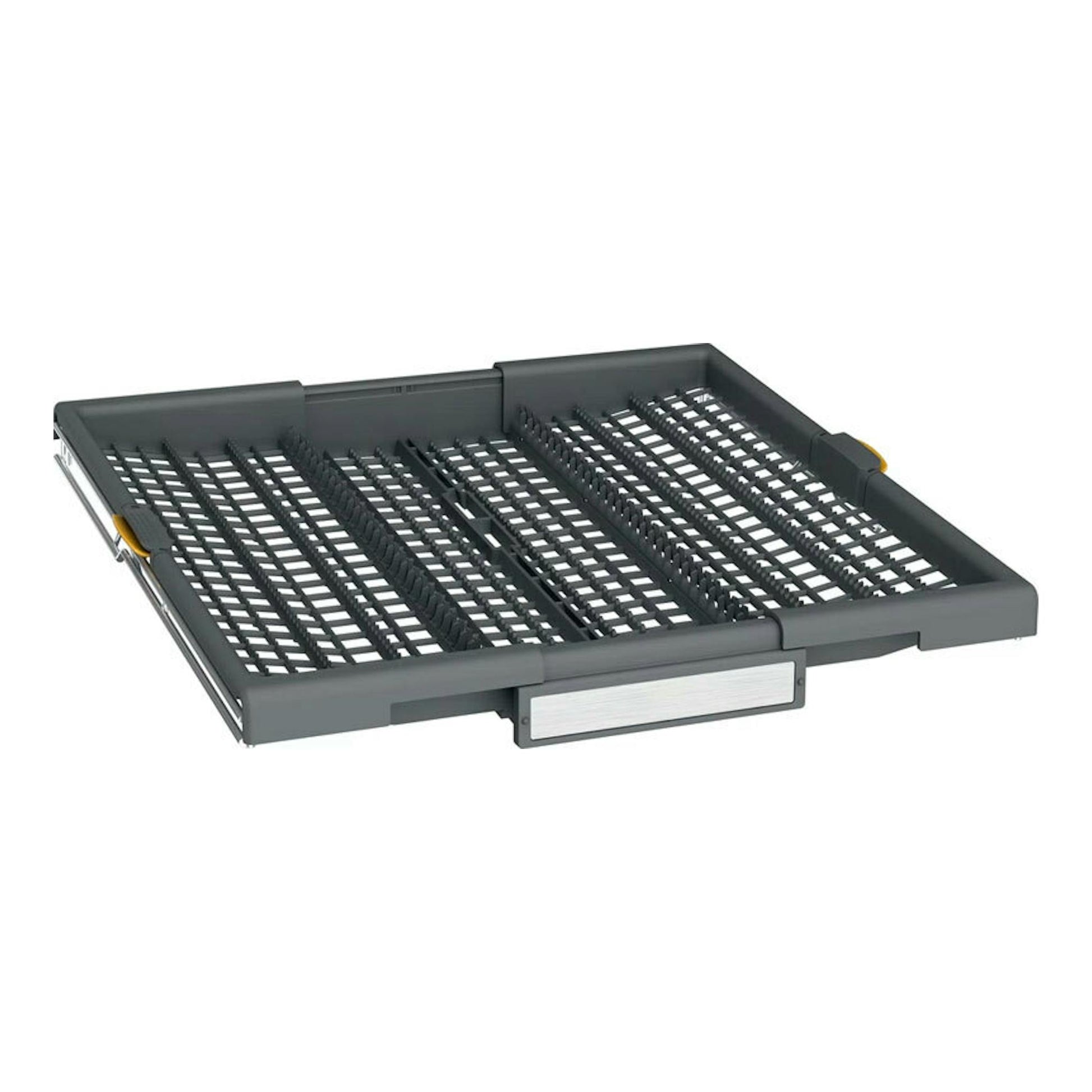 Bandeja extraíble gris con rejilla para lavavajillas Whirlpool W7F HS41, vista en ángulo.