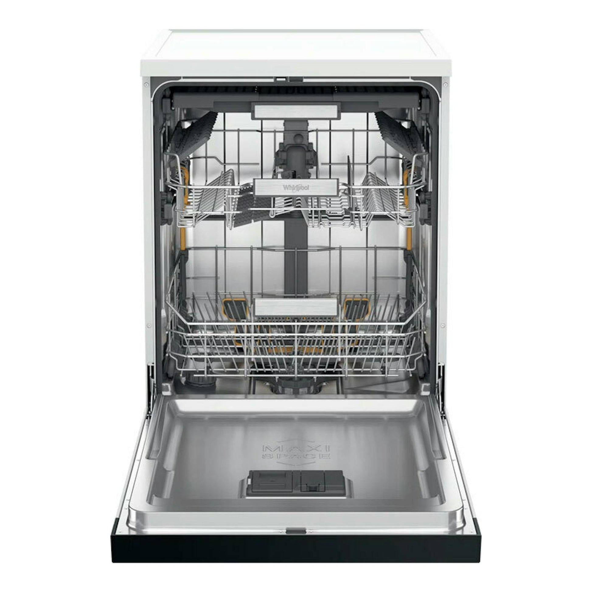 Lavavajillas Whirlpool W7F HS41 de 60 cm, abierto, vista frontal interior en acero inoxidable.