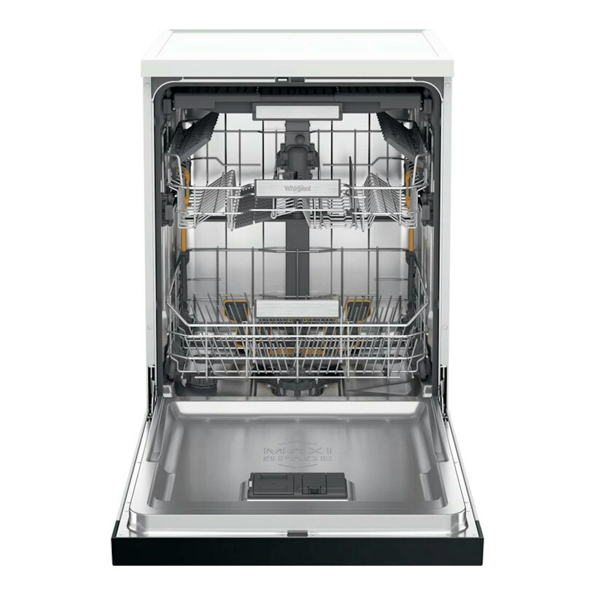 Lavavajillas Whirlpool W7F HS41 de 60 cm, abierto, vista frontal interior en acero inoxidable.