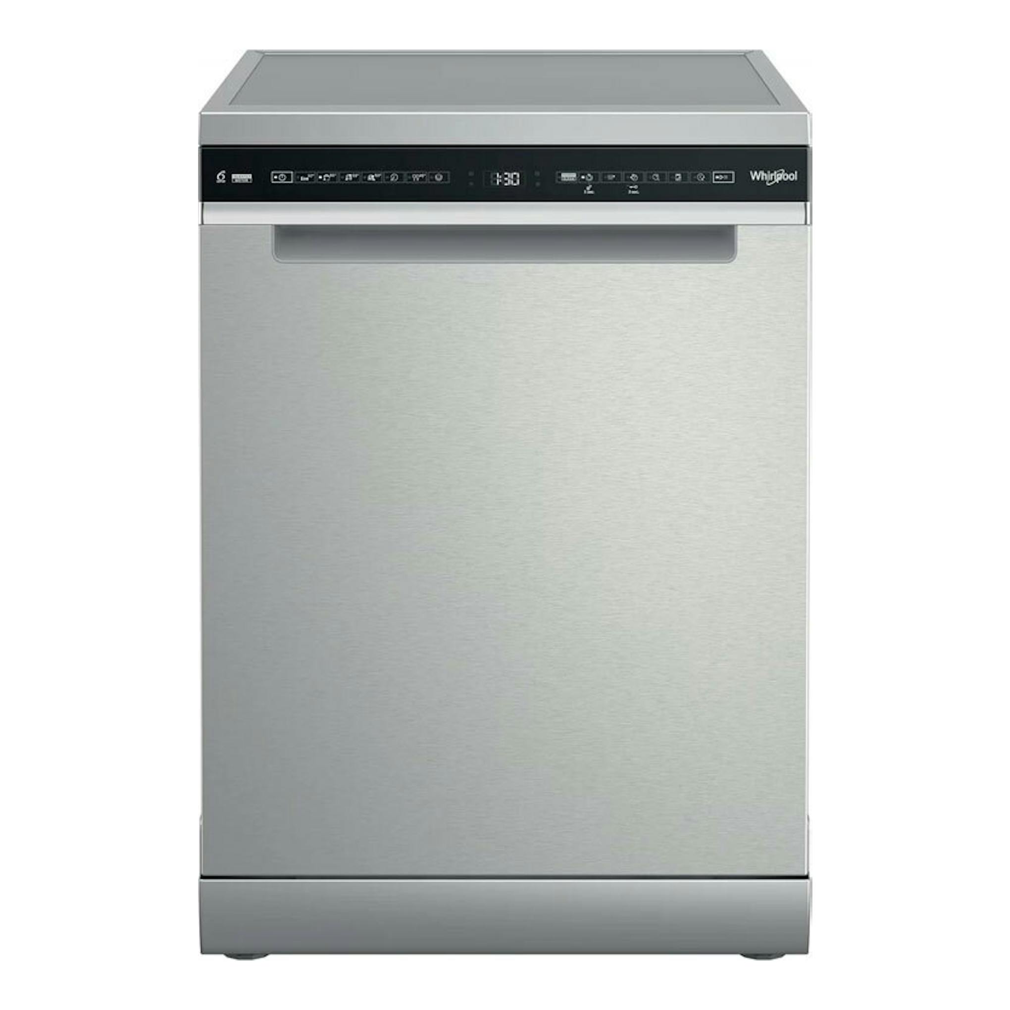 Lavavajillas Whirlpool W7F HS41 X de acero inoxidable, vista frontal, con panel negro superior.