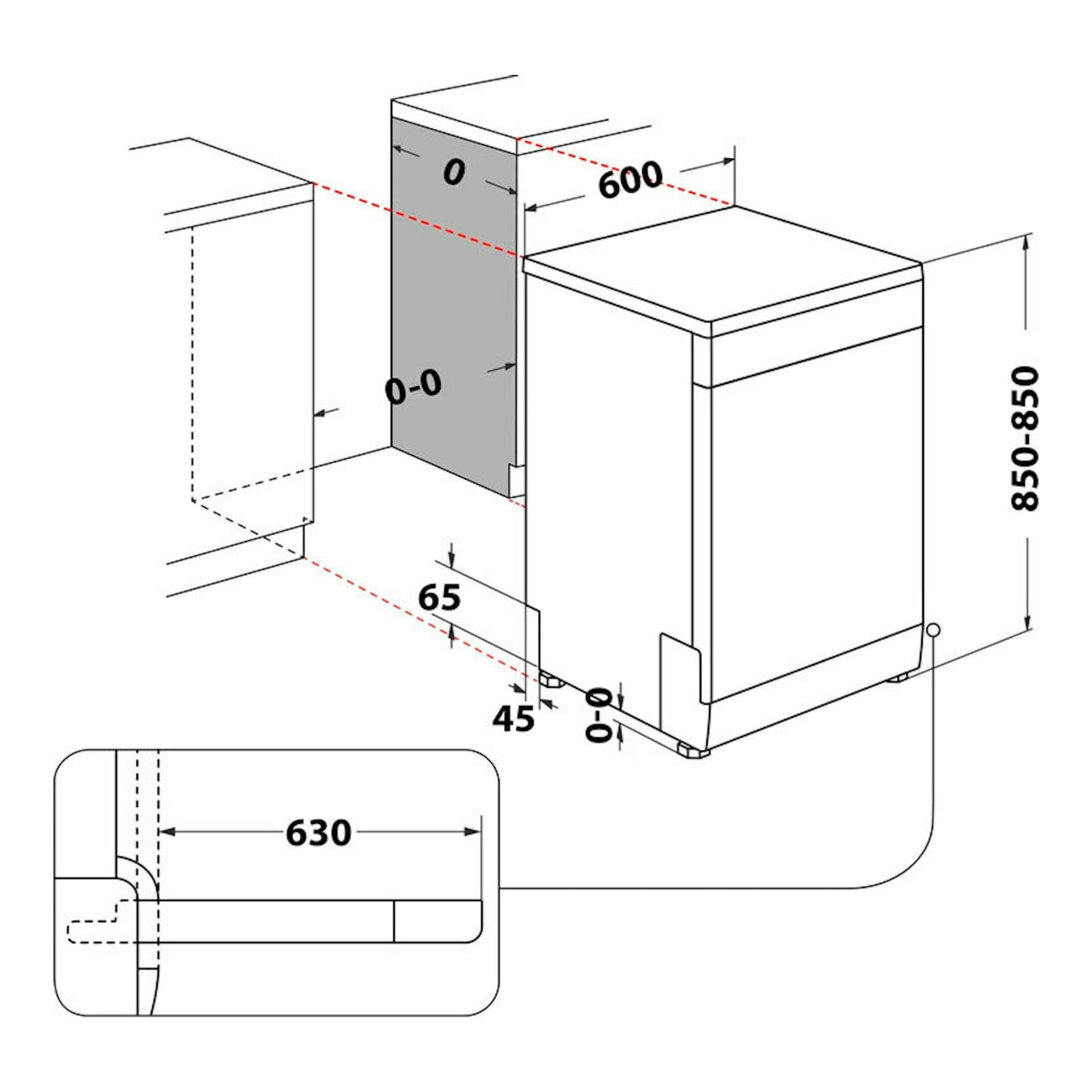Diagrama técnico en blanco y negro del lavavajillas Whirlpool W7F HS41 X, vista isométrica con medidas de instalación.