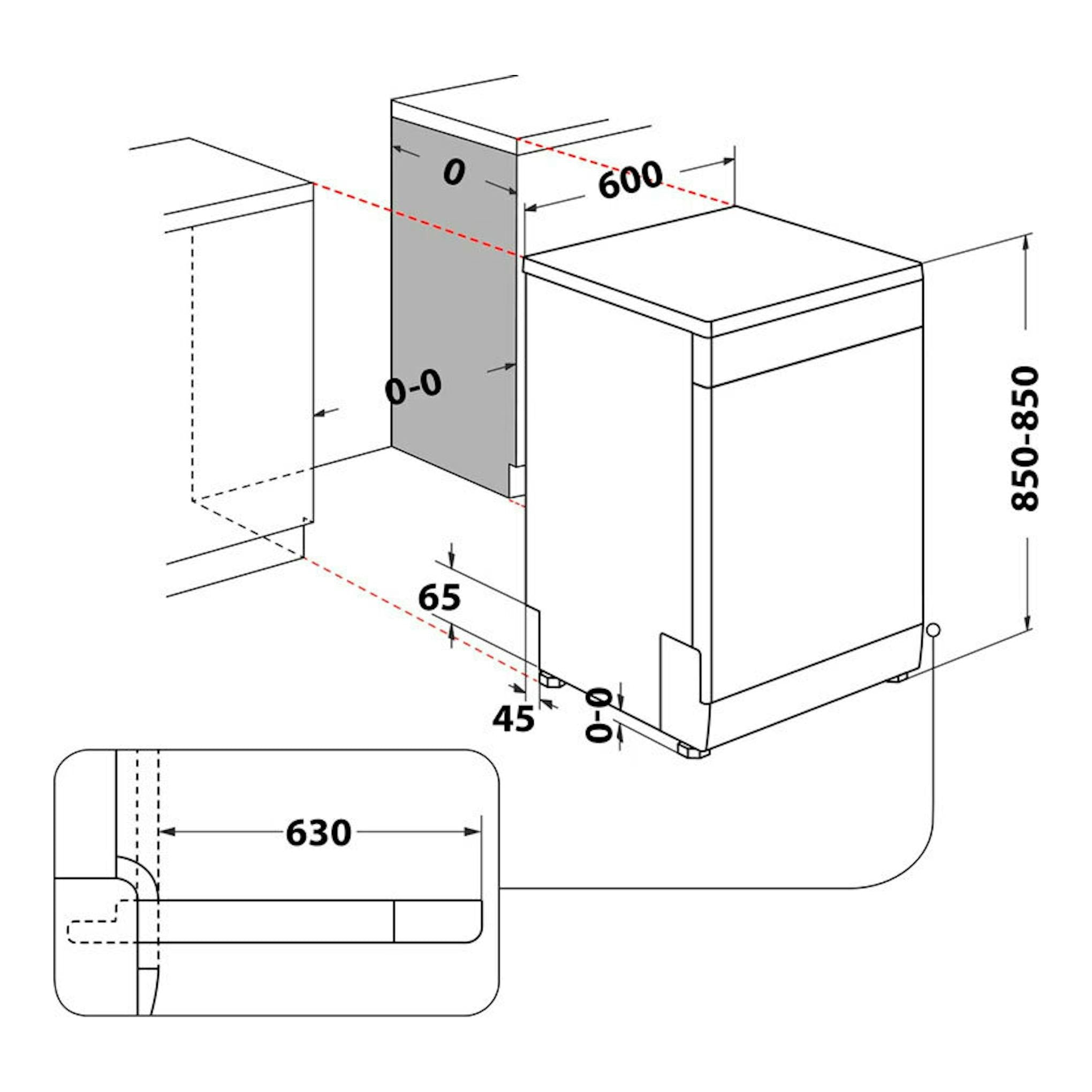 Diagrama técnico en blanco y negro del lavavajillas Whirlpool W7F HS41 X, vista isométrica con medidas de instalación.