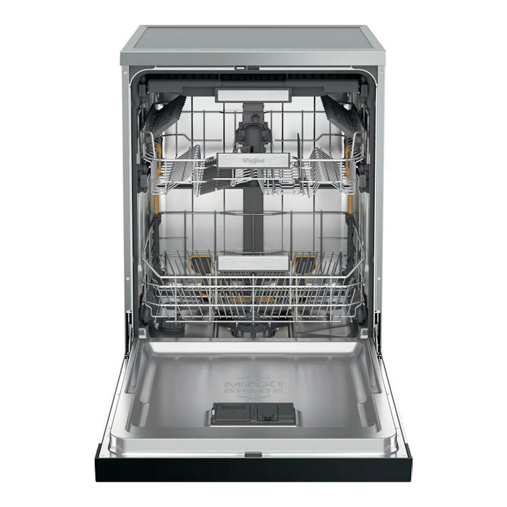 Lavavajillas Whirlpool W7F HS41 X, vista frontal abierta, interior de acero inoxidable.