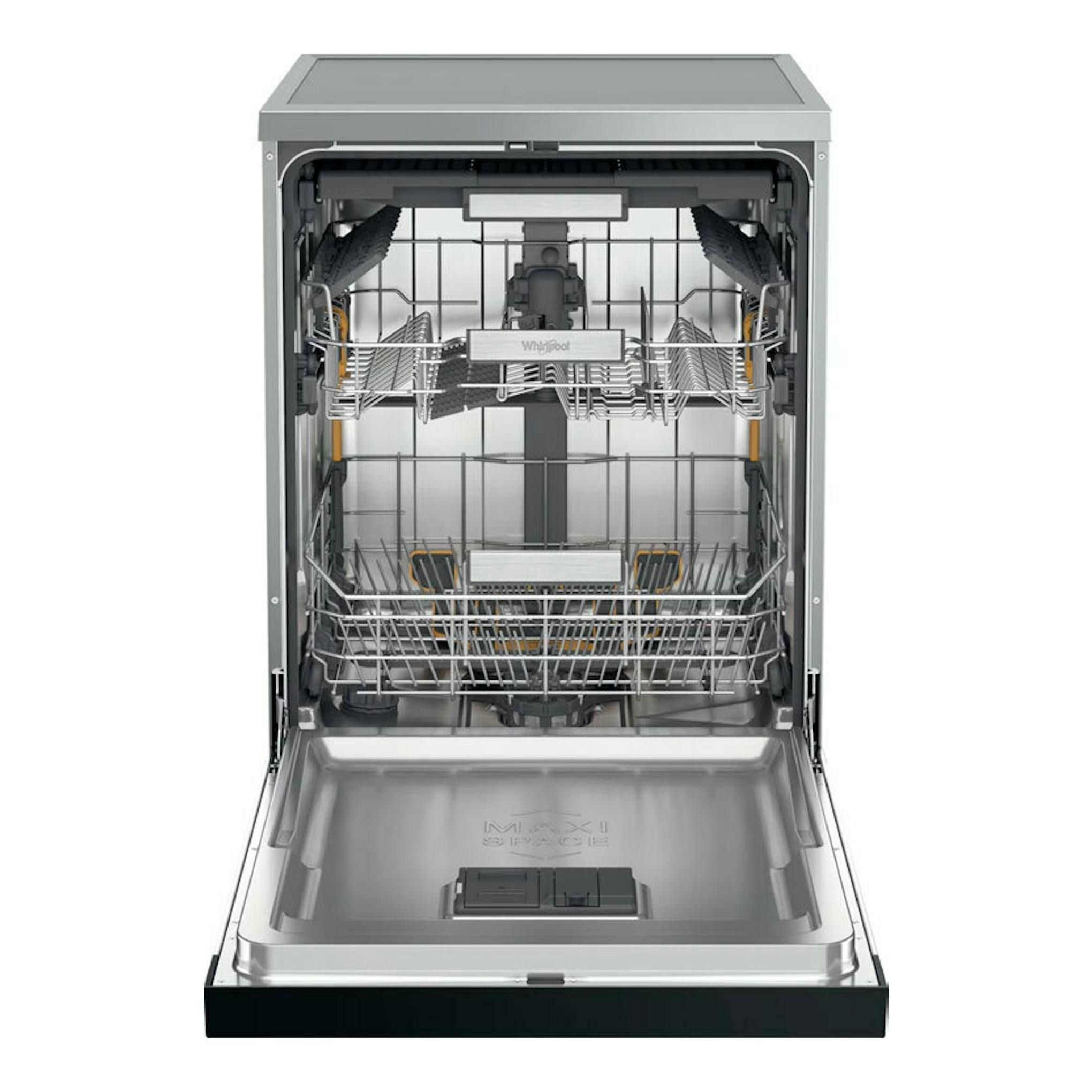 Lavavajillas Whirlpool W7F HS41 X, vista frontal abierta, interior de acero inoxidable.