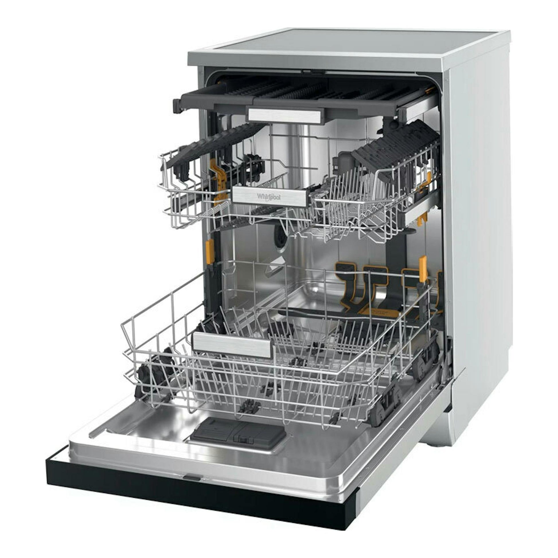 Lavavajillas Whirlpool W7F HS41 X empotrable, abierto, vista frontal en 3/4, color inox.