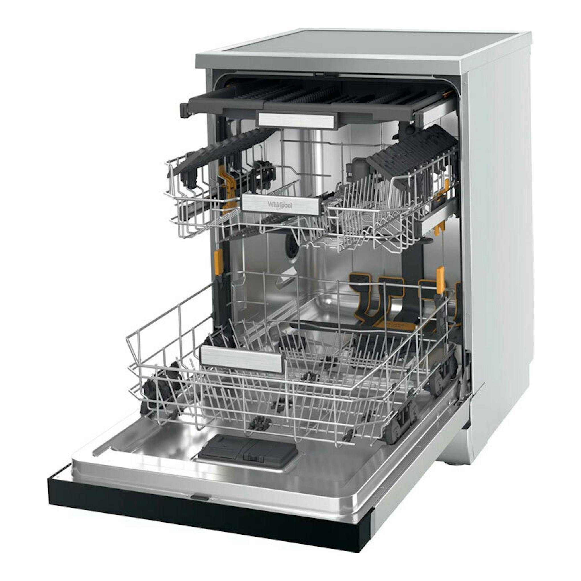 Lavavajillas Whirlpool W7F HS41 X empotrable, abierto, vista frontal en 3/4, color inox.