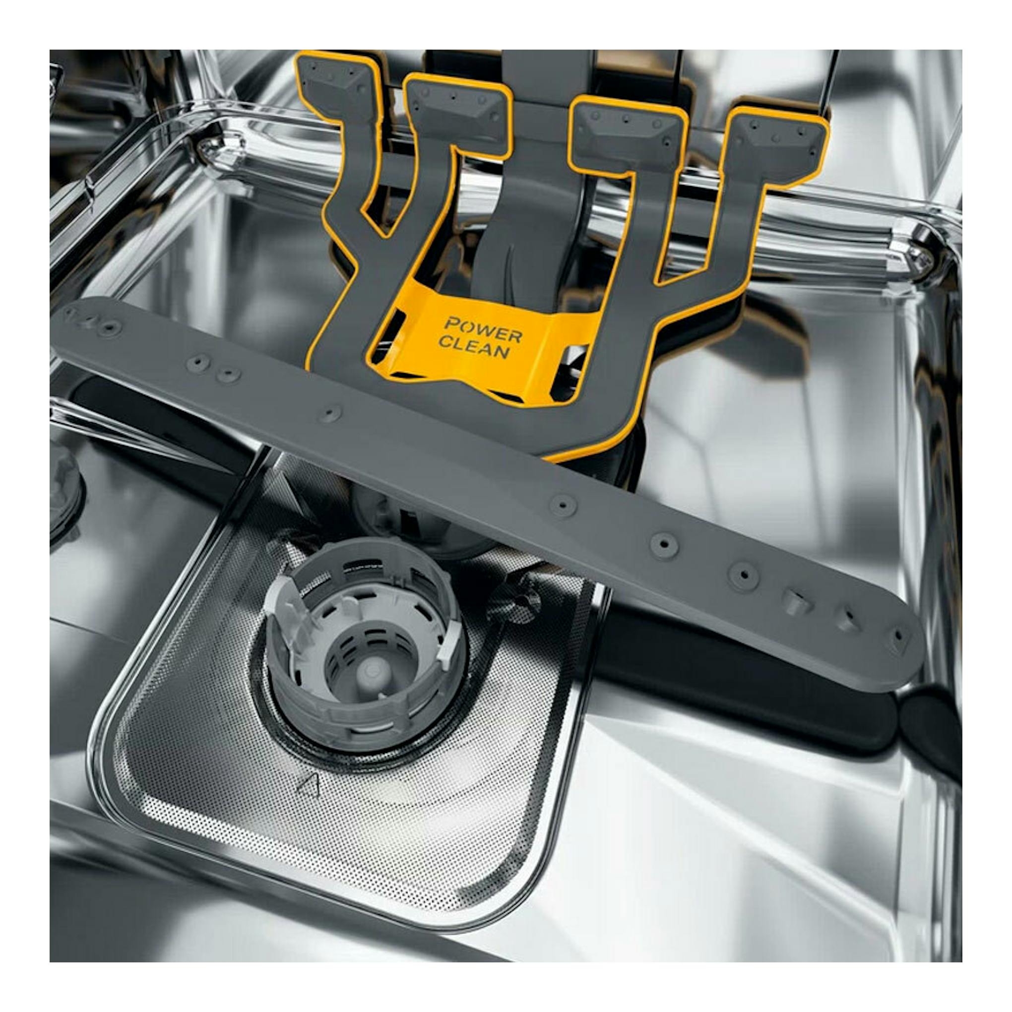 Interior de lavavajillas Whirlpool W7F HS41 X, con brazos rociadores y cesta Power Clean, vista superior.