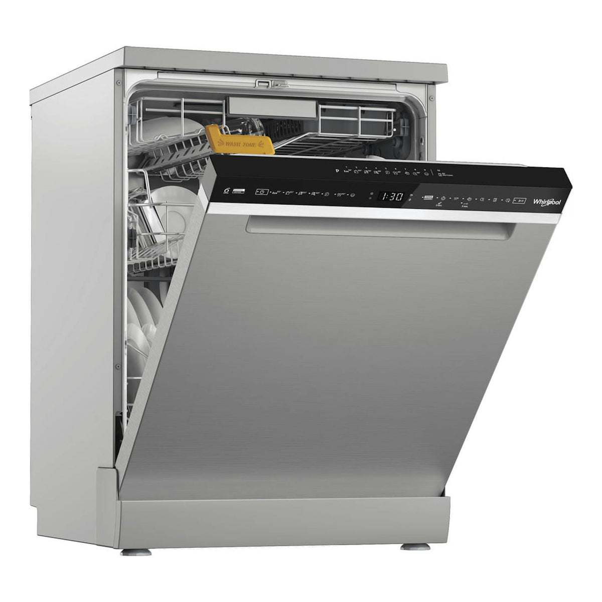 Lavavajillas Whirlpool W8F HS61X de libre instalación, inox, con la puerta abierta y cestas interiores visibles.