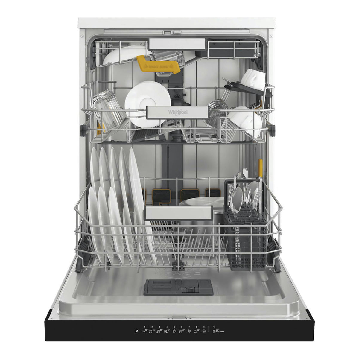 Lavavajillas Whirlpool W8F HS61X de inox, abierto de frente, con dos cestas y vajilla.