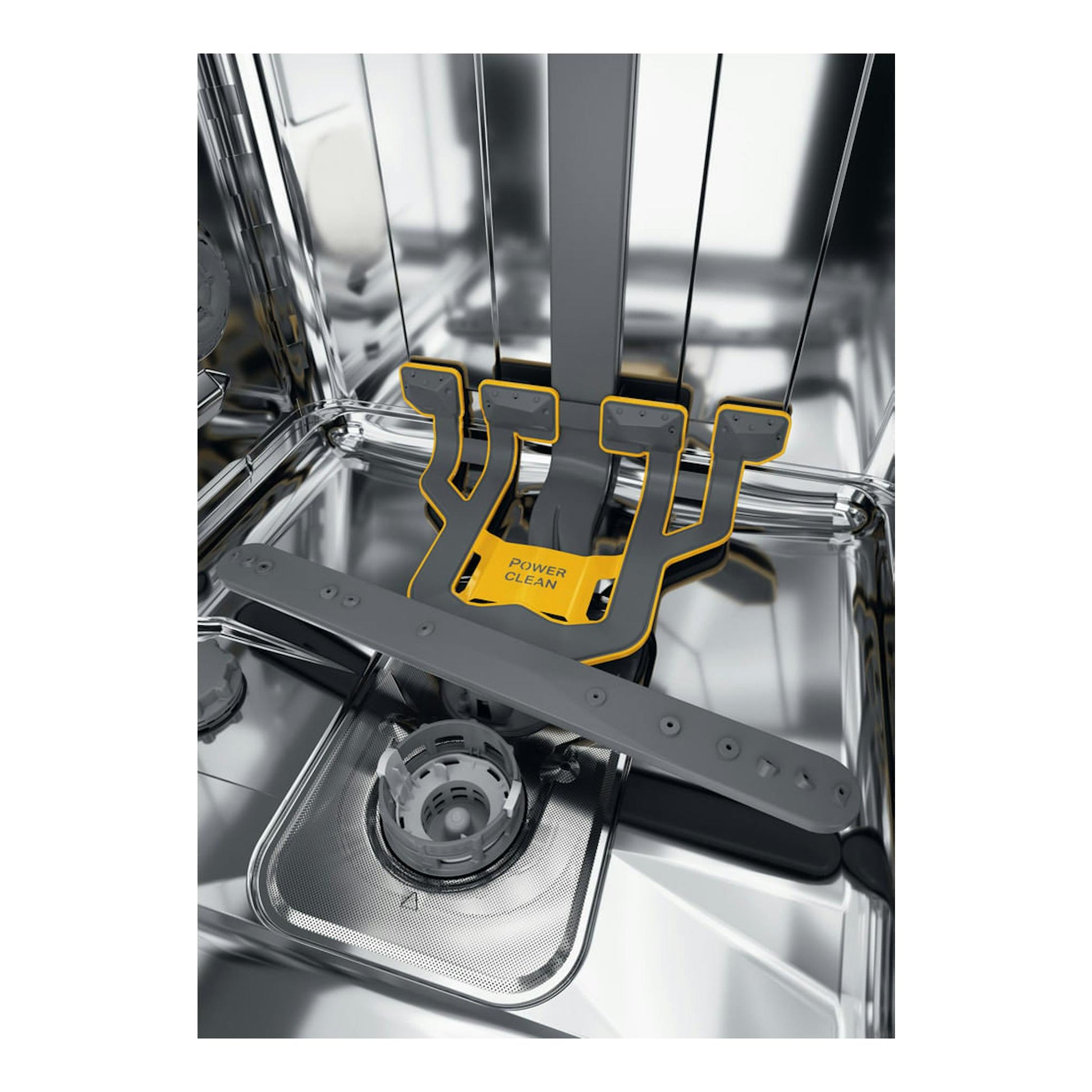 Interior de lavavajillas Whirlpool W8F HS61X de acero inoxidable, vista cenital con brazo aspersor PowerClean.