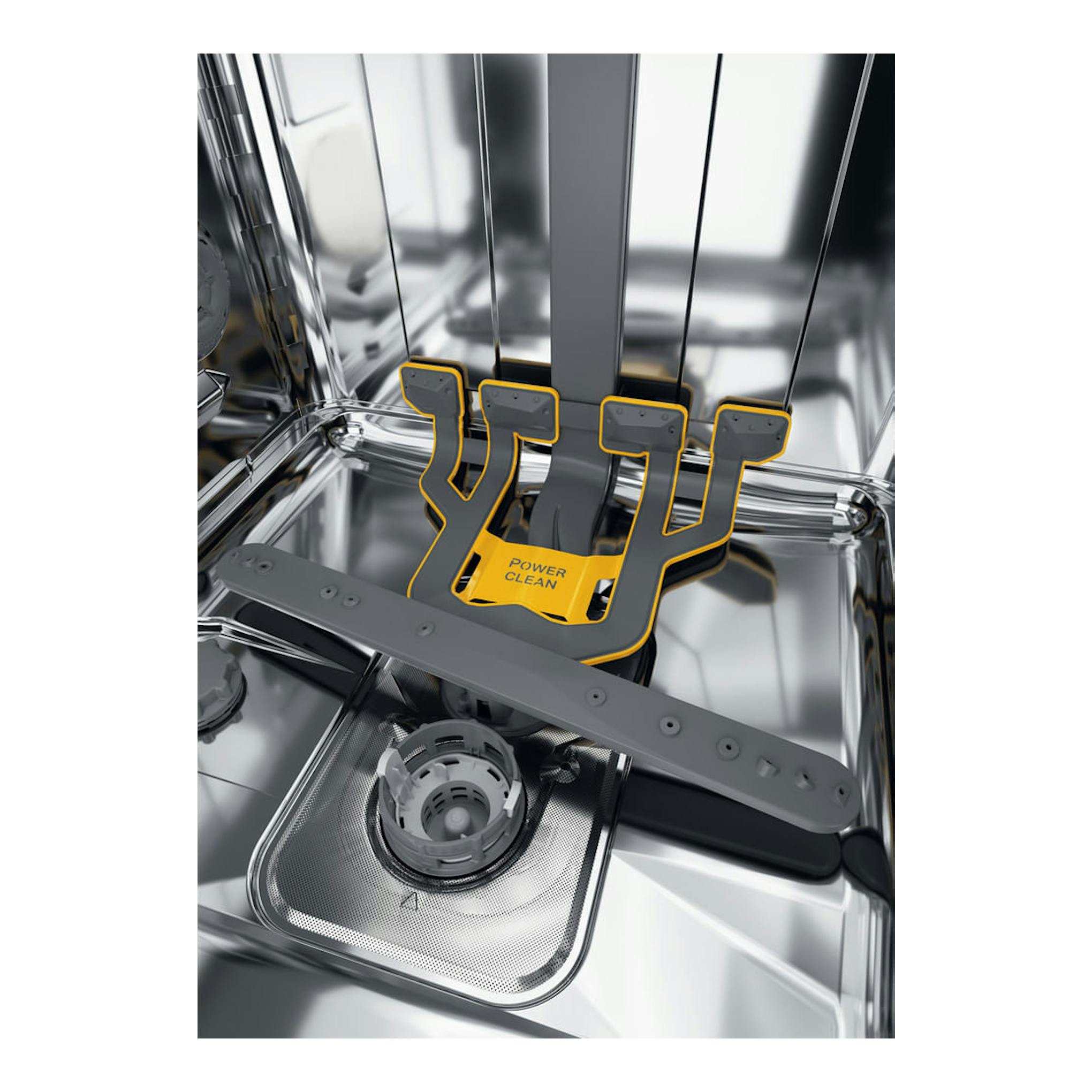 Interior de lavavajillas Whirlpool W8F HS61X de acero inoxidable, vista cenital con brazo aspersor PowerClean.