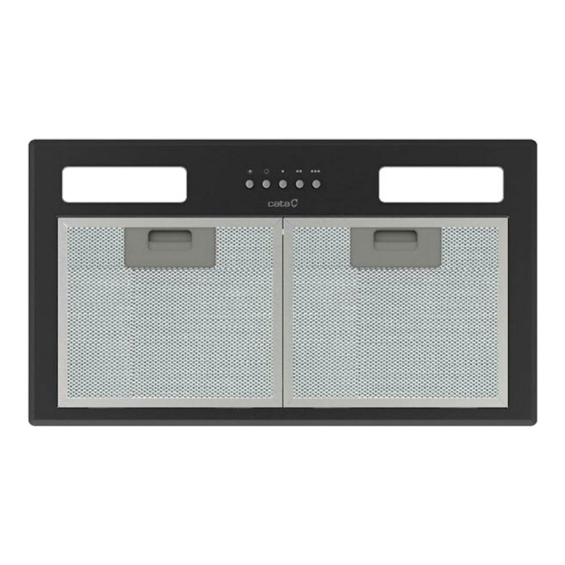 Grupo filtrante Cata GTPLUS45BK/M negro, vista frontal, con dos paneles metálicos y controles centrales.