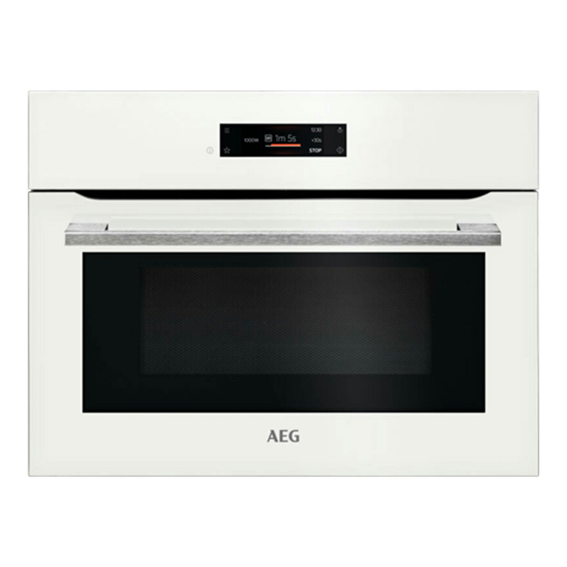 Microondas empotrable AEG KMK721880W blanco, vista frontal con puerta negra y panel digital superior.