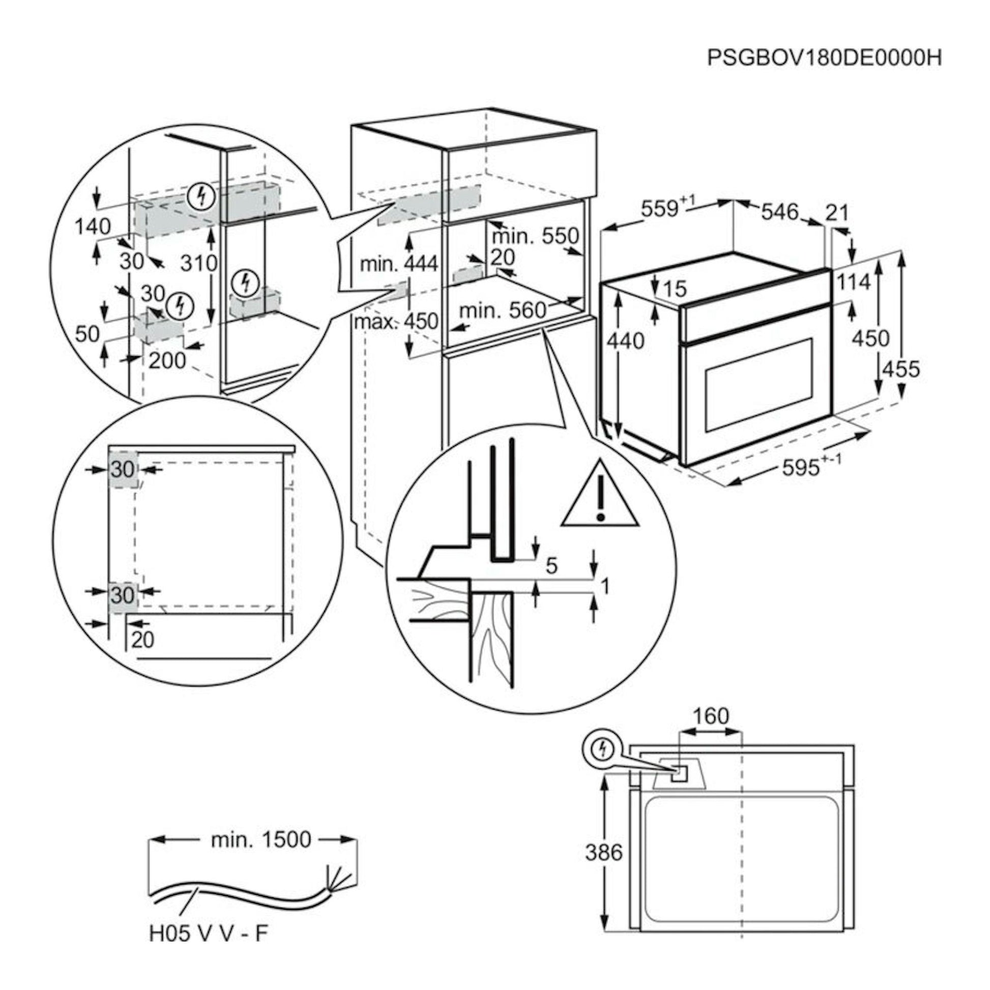 Diagrama técnico de instalación del microondas AEG KMK721880W blanco, con medidas de encastre.