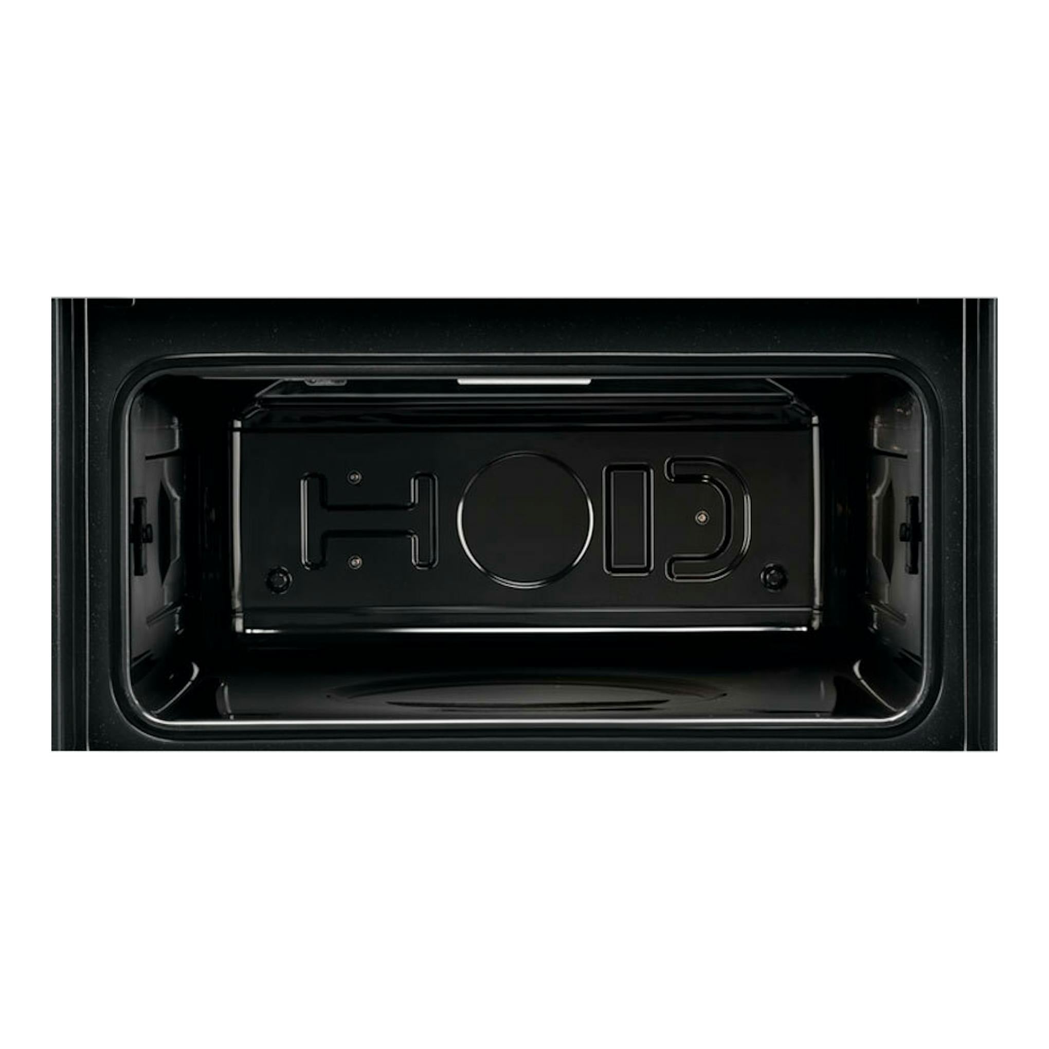 Interior de microondas AEG KMK721880W, vista frontal del compartimento en color negro.