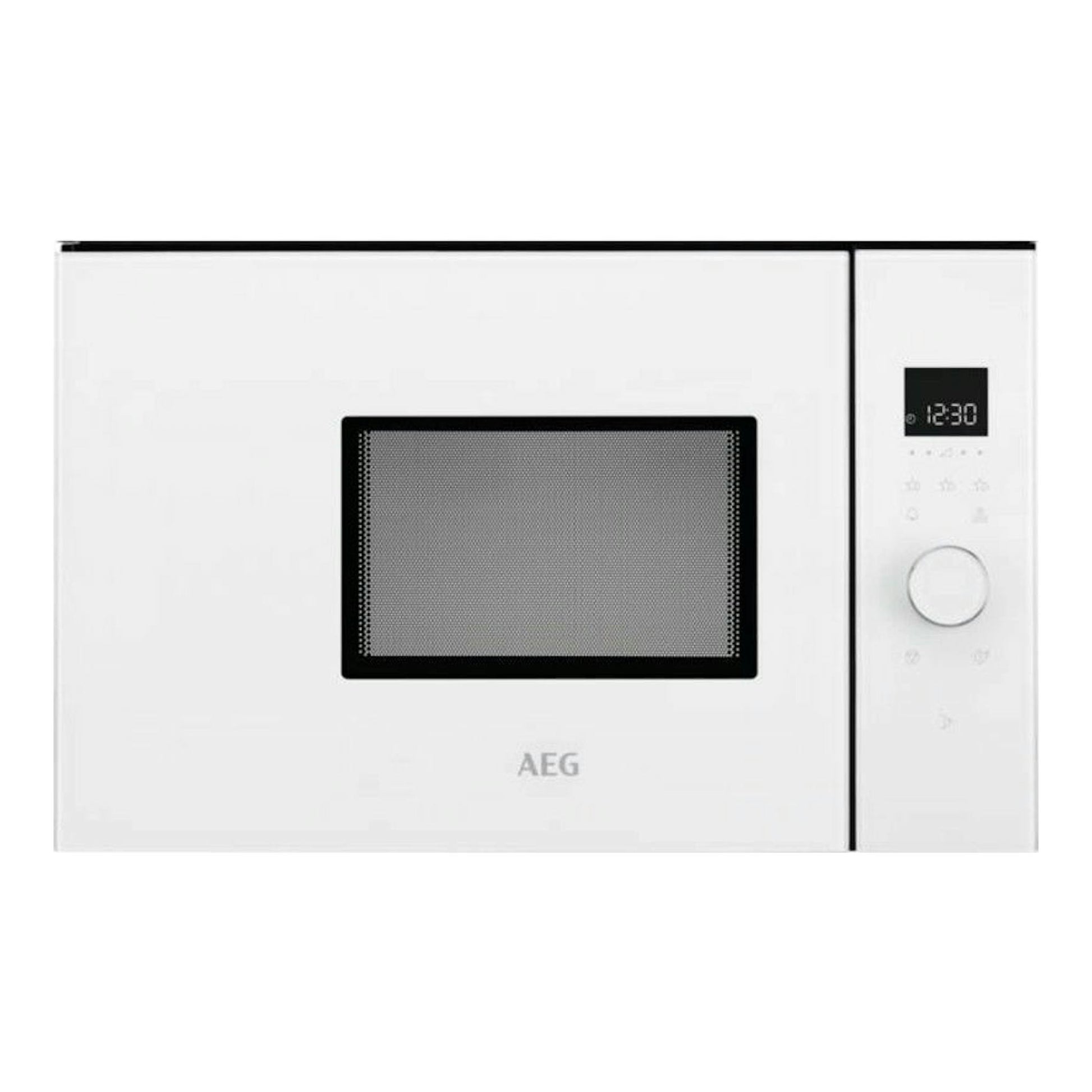 Microondas AEG MBB1756SEW blanco, vista frontal, con puerta negra y panel digital a la derecha.
