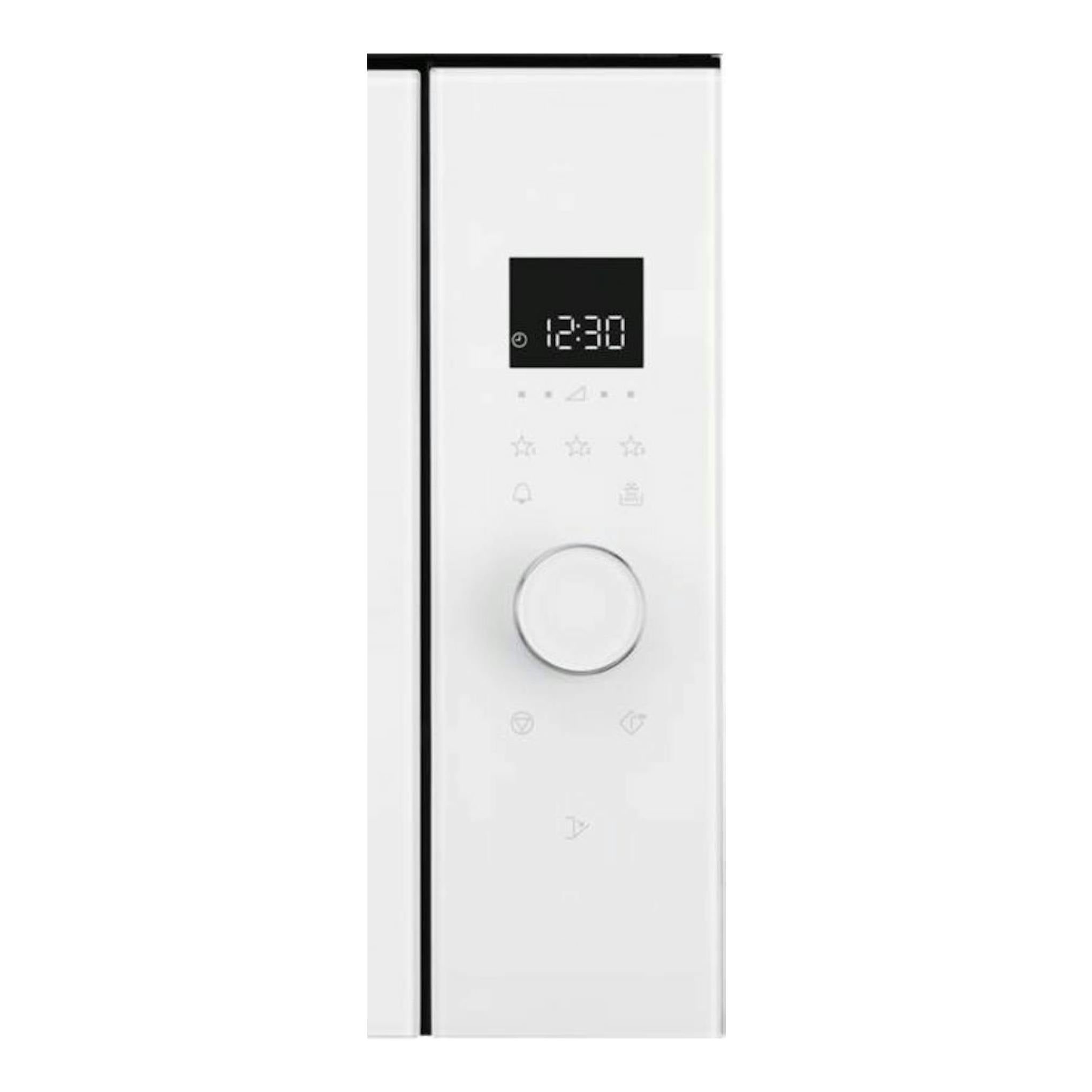 Microondas AEG MBB1756SEW blanco, vista frontal, con pantalla digital y mando central.
