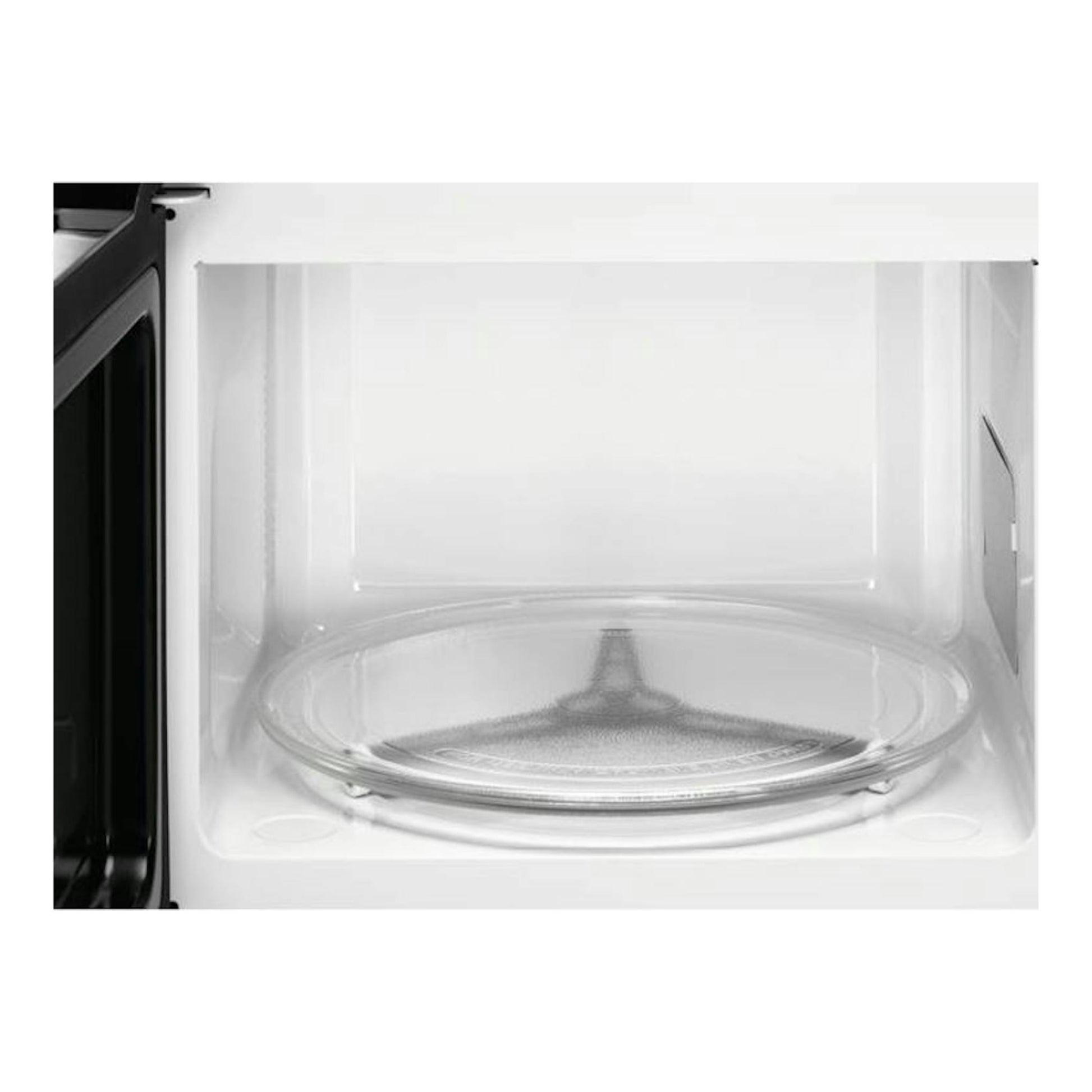 Microondas AEG MBB1756SEW blanco, vista frontal del interior con plato giratorio de vidrio.