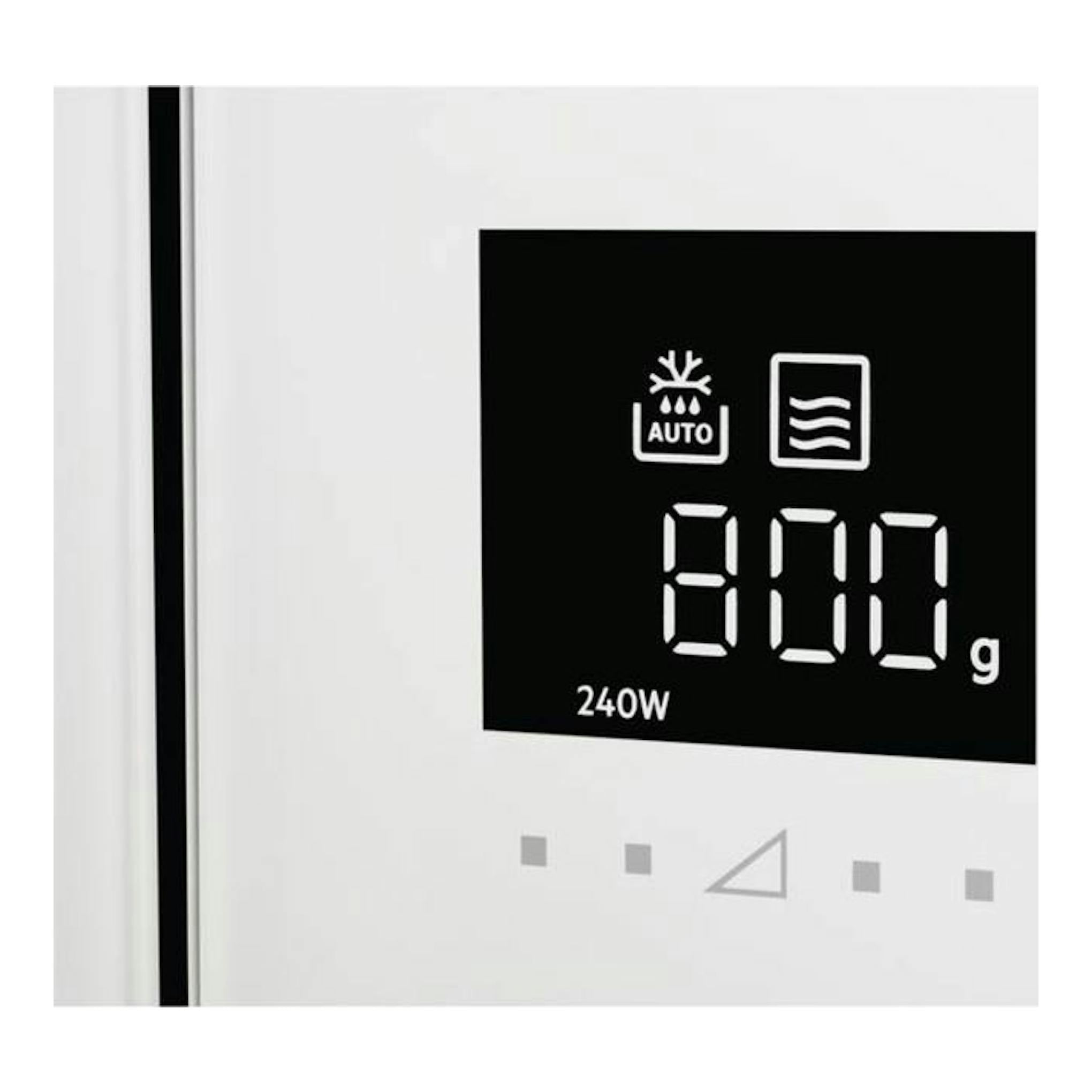 Microondas AEG MBB1756SEW blanco, primer plano del panel digital con pantalla negra y números 800 g y 240 W.