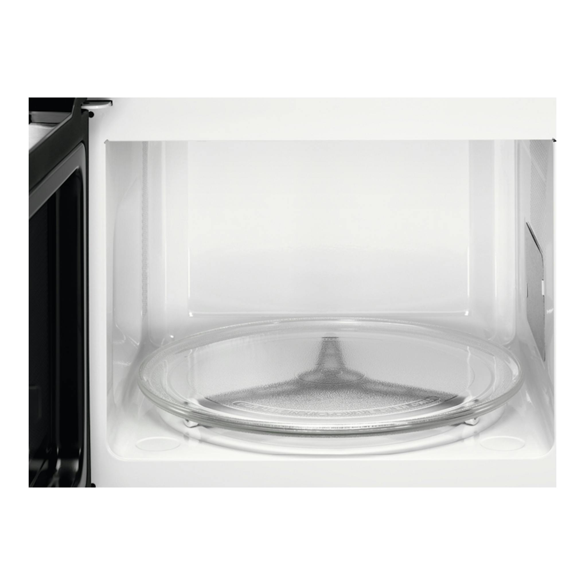 Interior de microondas integrable AEG MBE2657SEB, vista frontal, cavidad blanca con plato giratorio de vidrio.