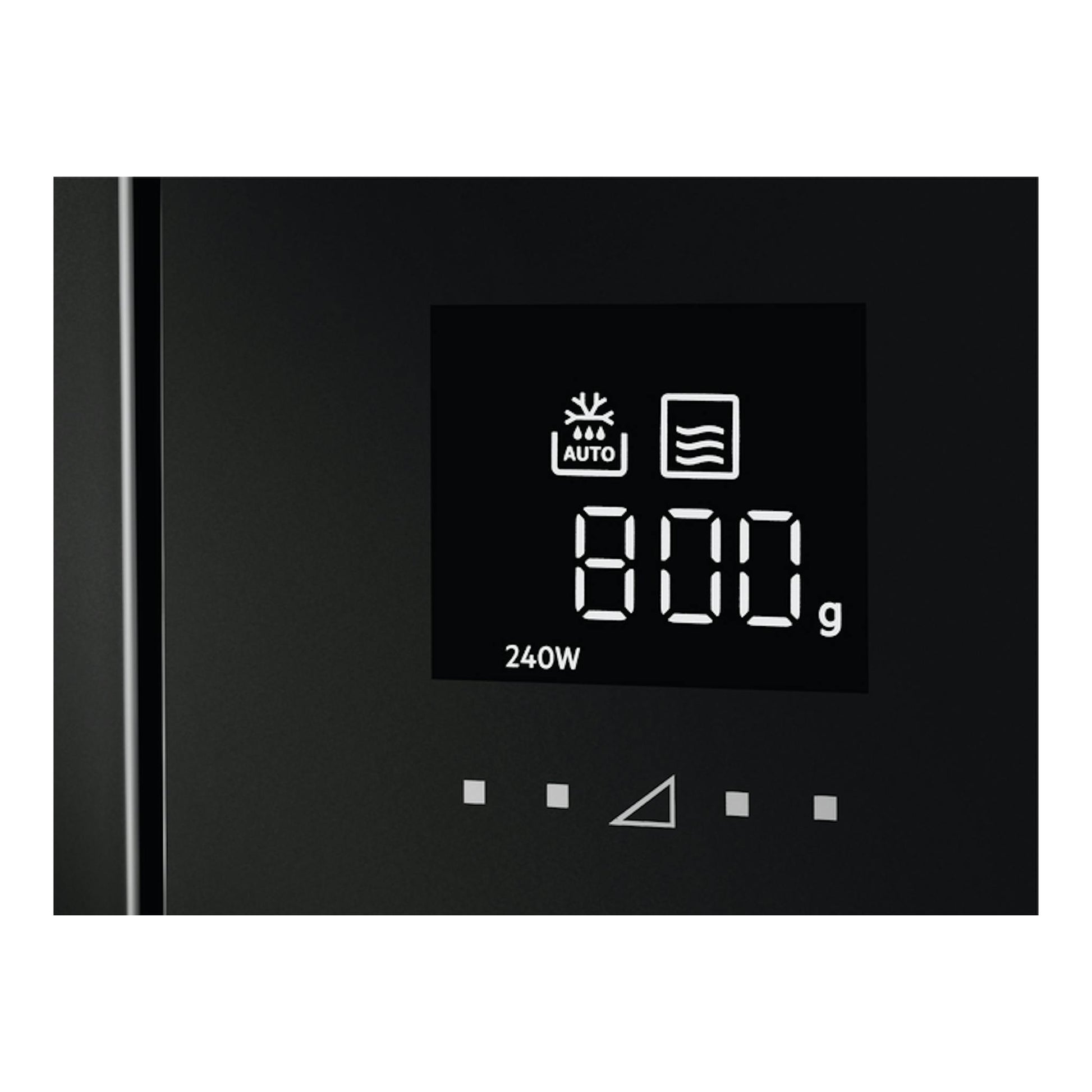 Microondas integrable AEG MBE2657SEB en negro, vista frontal parcial del panel táctil y pantalla digital iluminada.