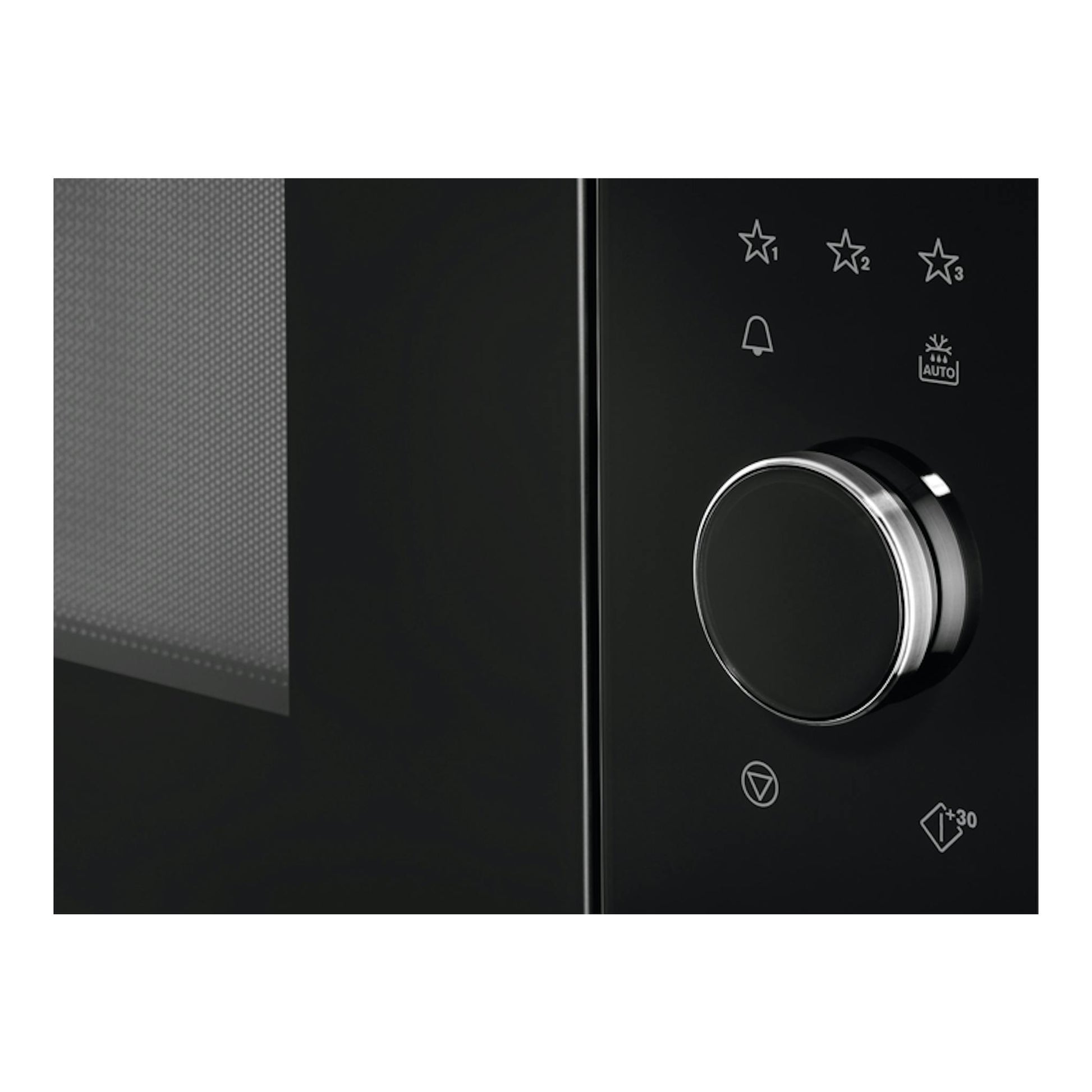Microondas integrable AEG MBE2657SEB en negro, vista frontal parcial con puerta y selector giratorio.