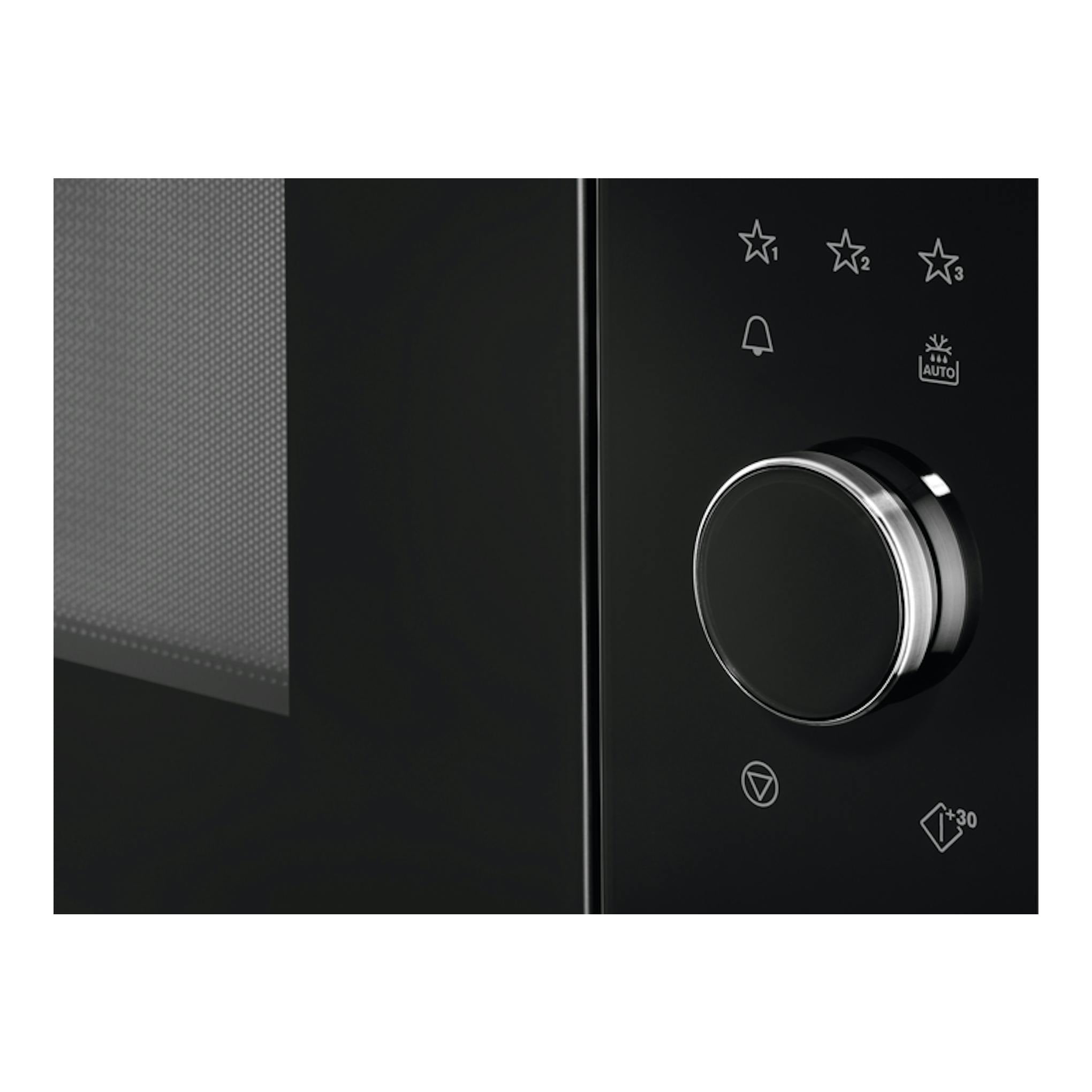 Microondas integrable AEG MBE2657SEB en negro, vista frontal parcial con puerta y selector giratorio.